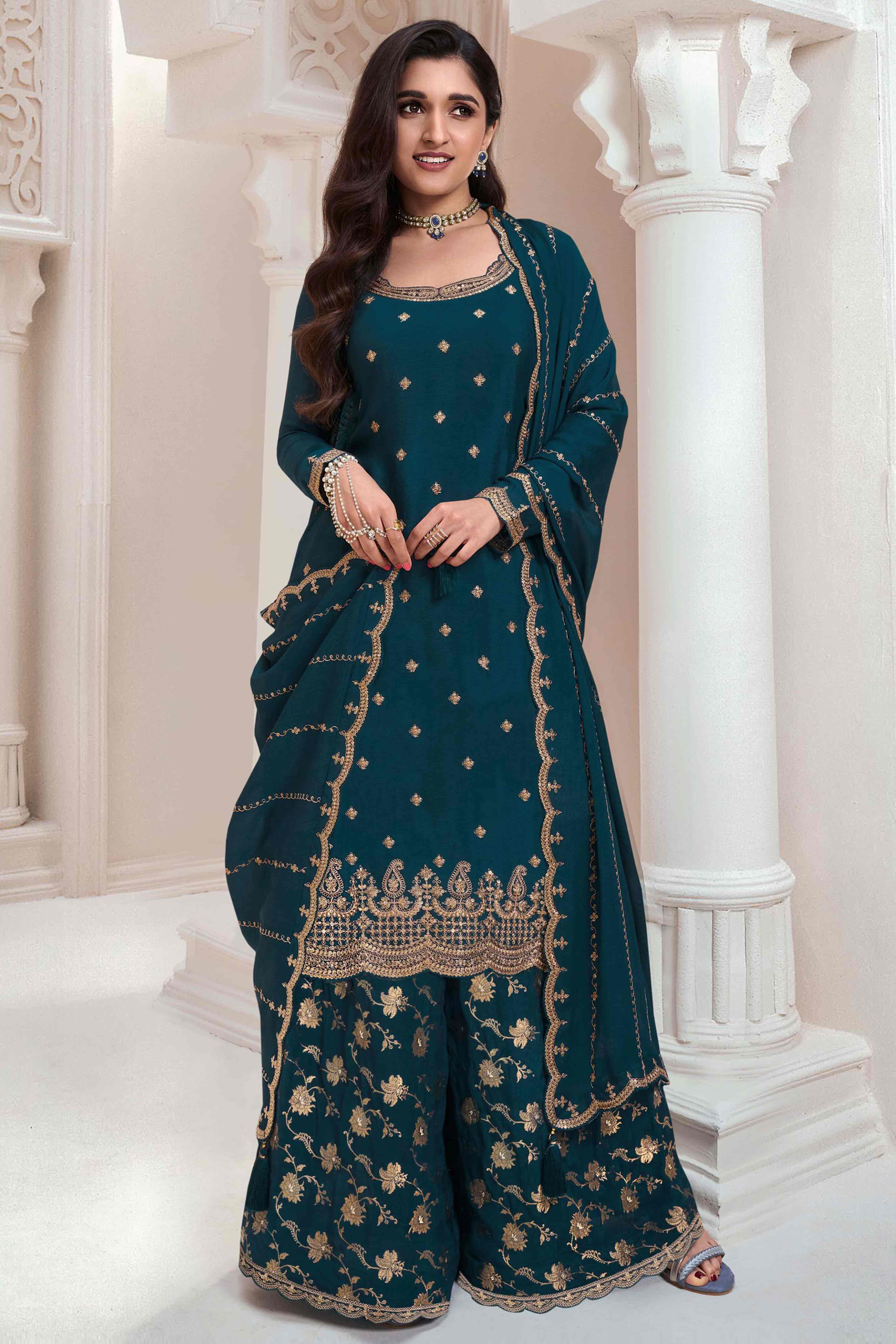 Dark Teal Floral Sequins Embroidered Chinon Palazzo Suit