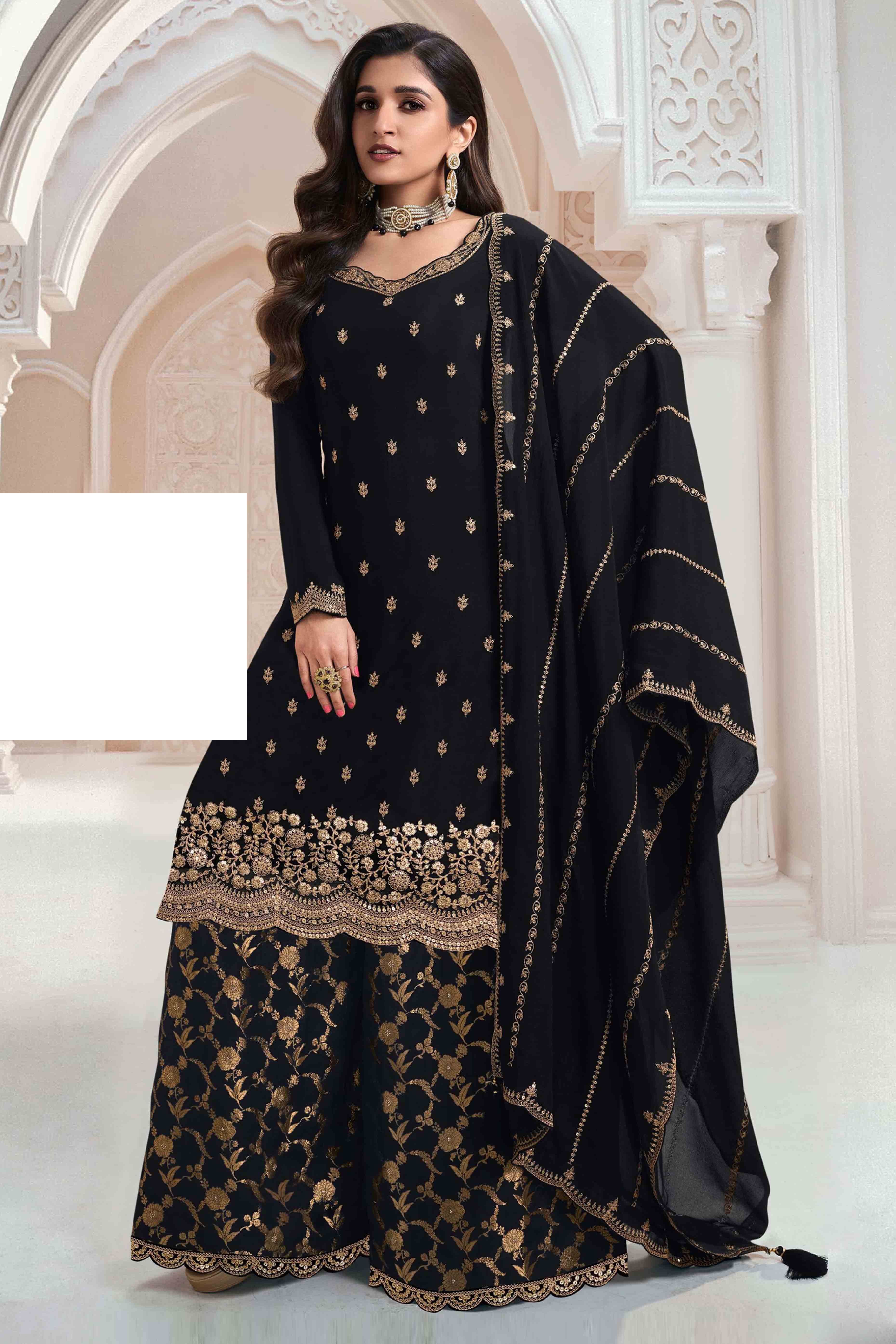 Black Floral Sequins Embroidered Chinon Palazzo Suit