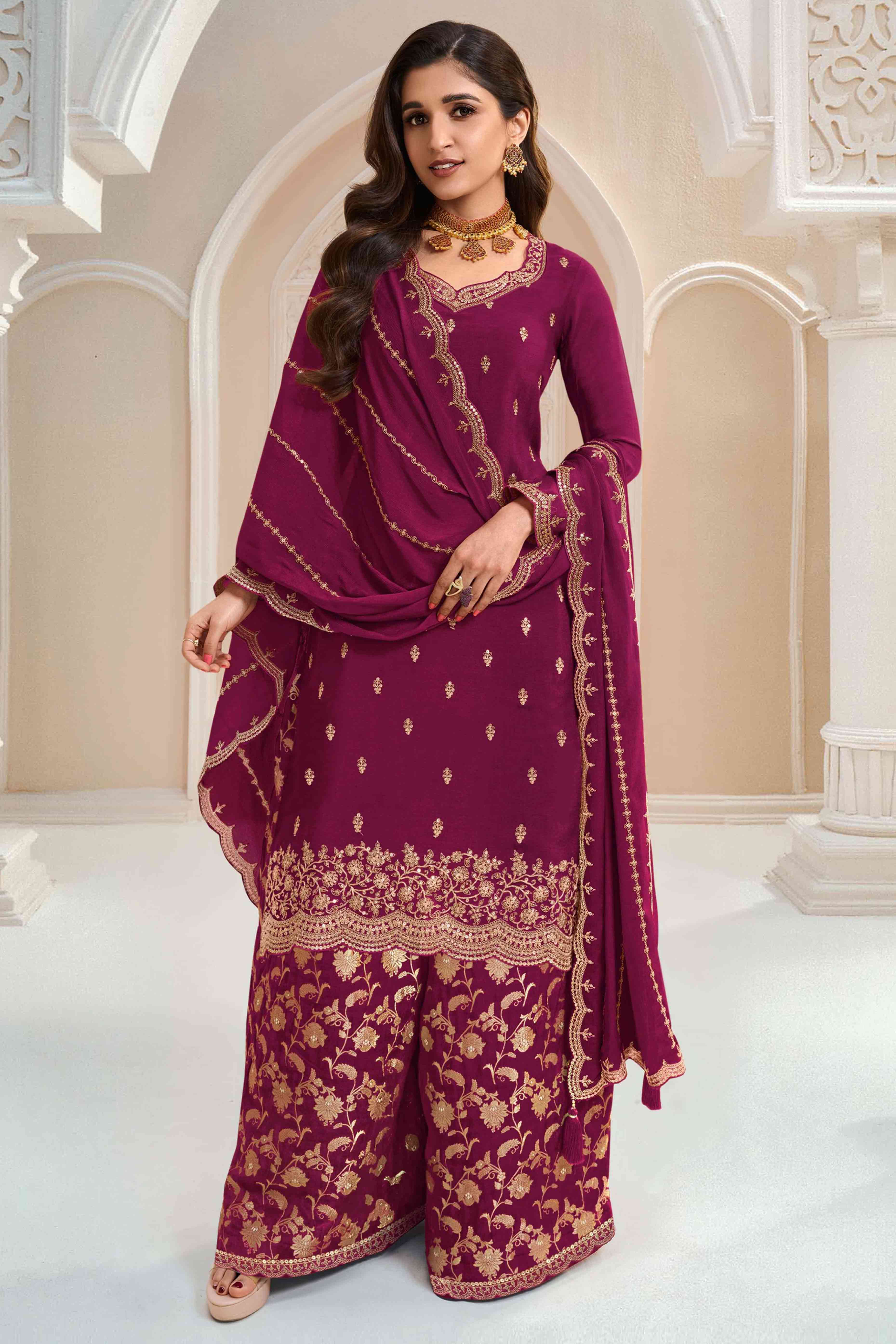 Dark Magenta Floral Sequins Embroidered Chinon Palazzo Suit