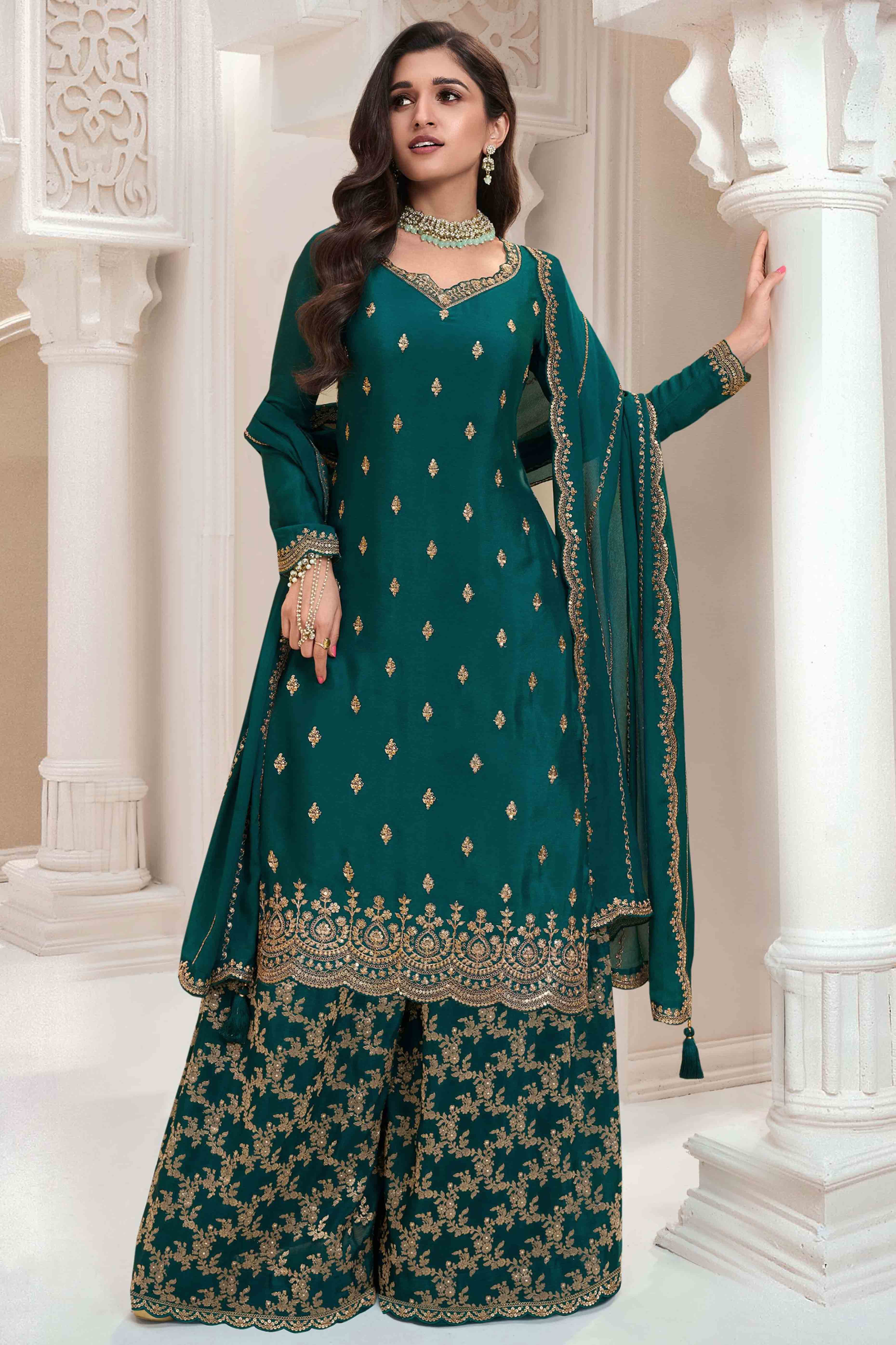 Dark Rama Blue Floral Sequins Embroidered Chinon Palazzo Suit