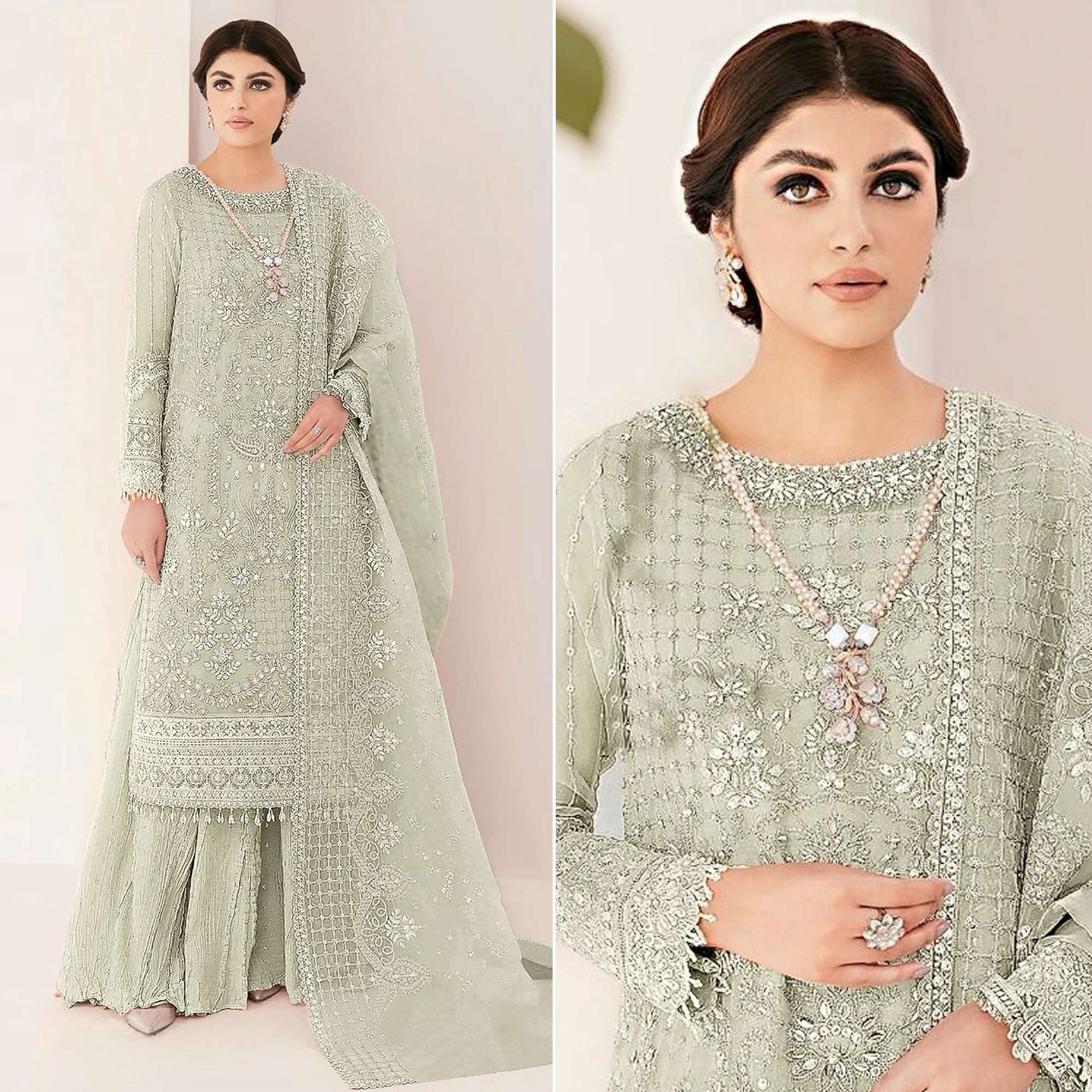 Green Sequins Embroidered Georgette Sharara Suit