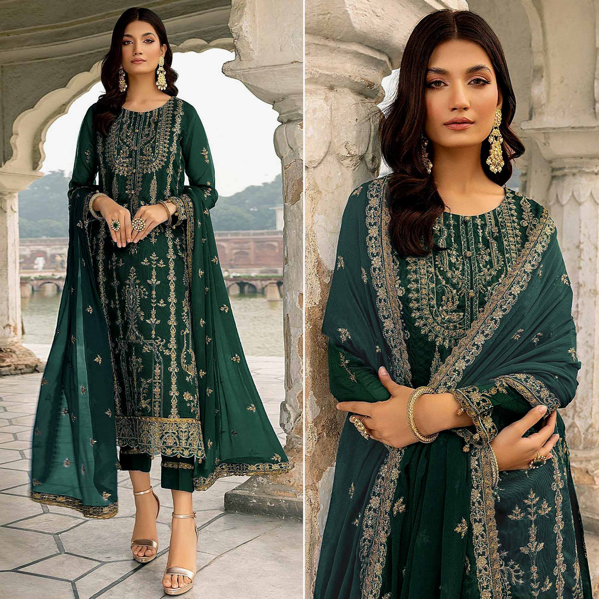 Green Floral Sequins Embroidered Georgette Semi Stitched Suit
