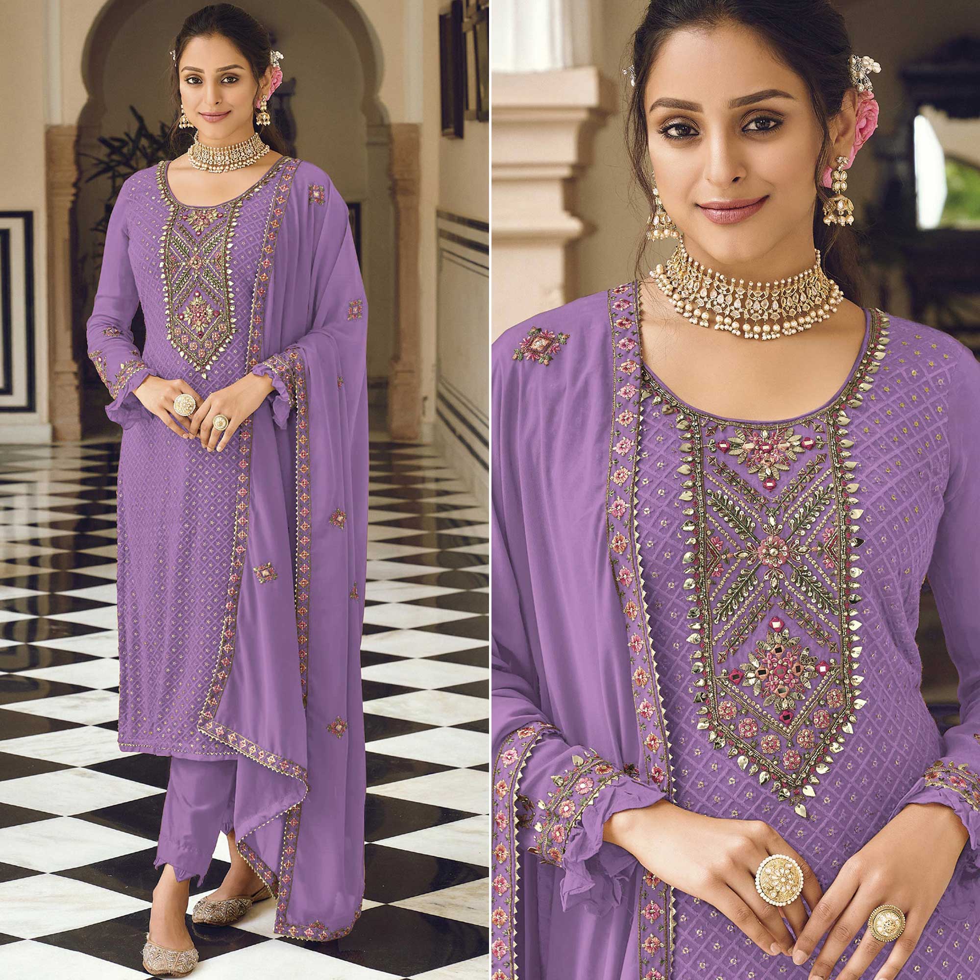 Purple Sequins Embroidered Georgette Semi Stitched Salwar Suit