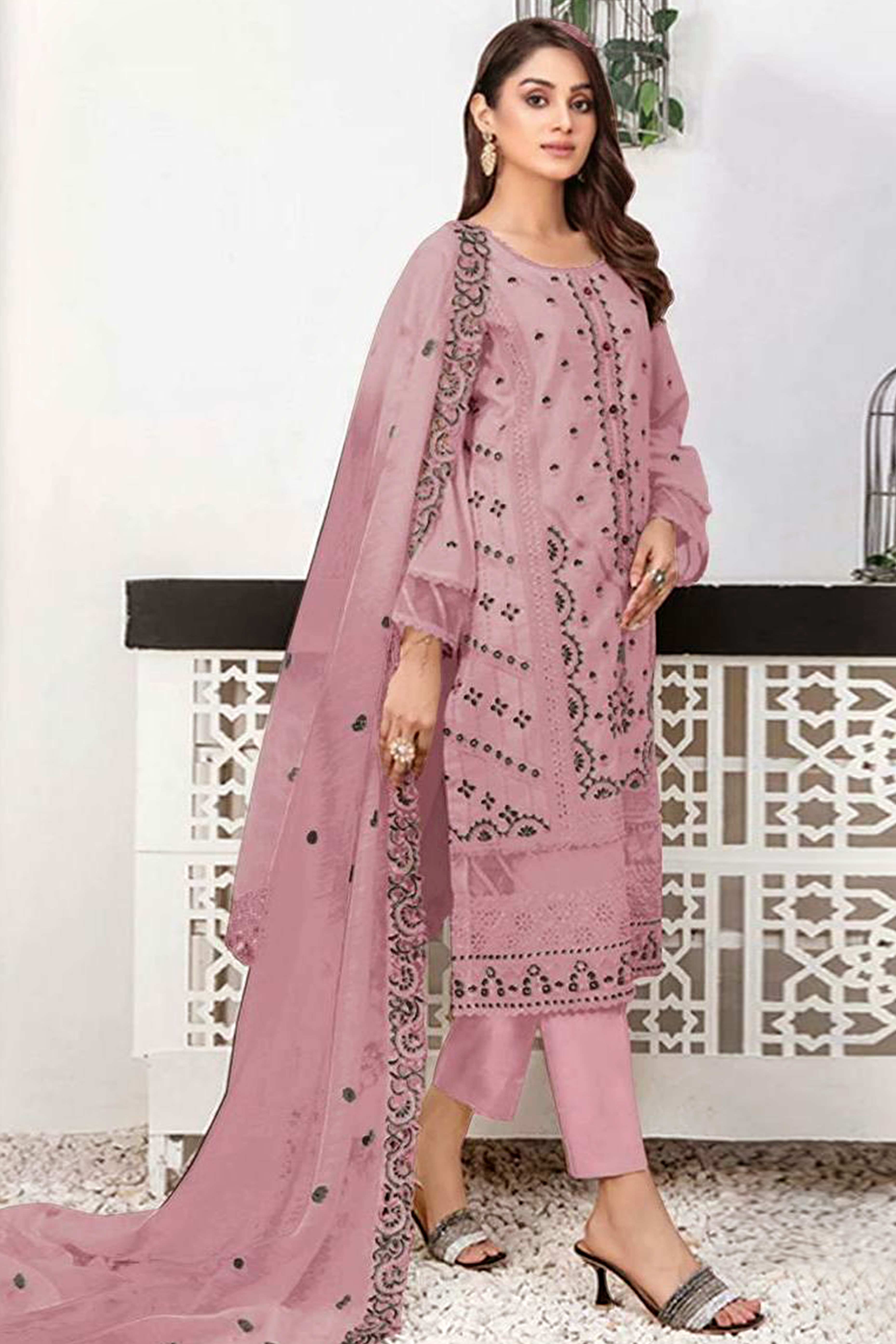 Dusty Pink Heavy Embroidered Work Georgette Dress Material