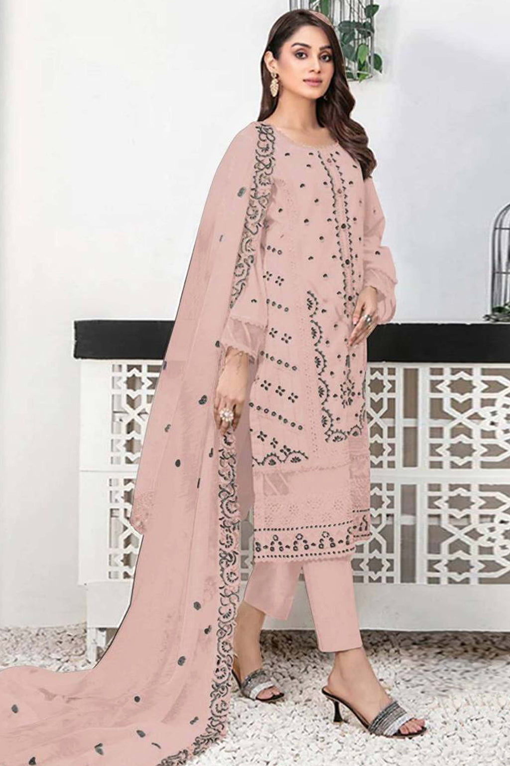 Heer Peach Satin Cotton Embroidered Dress Material SC5802