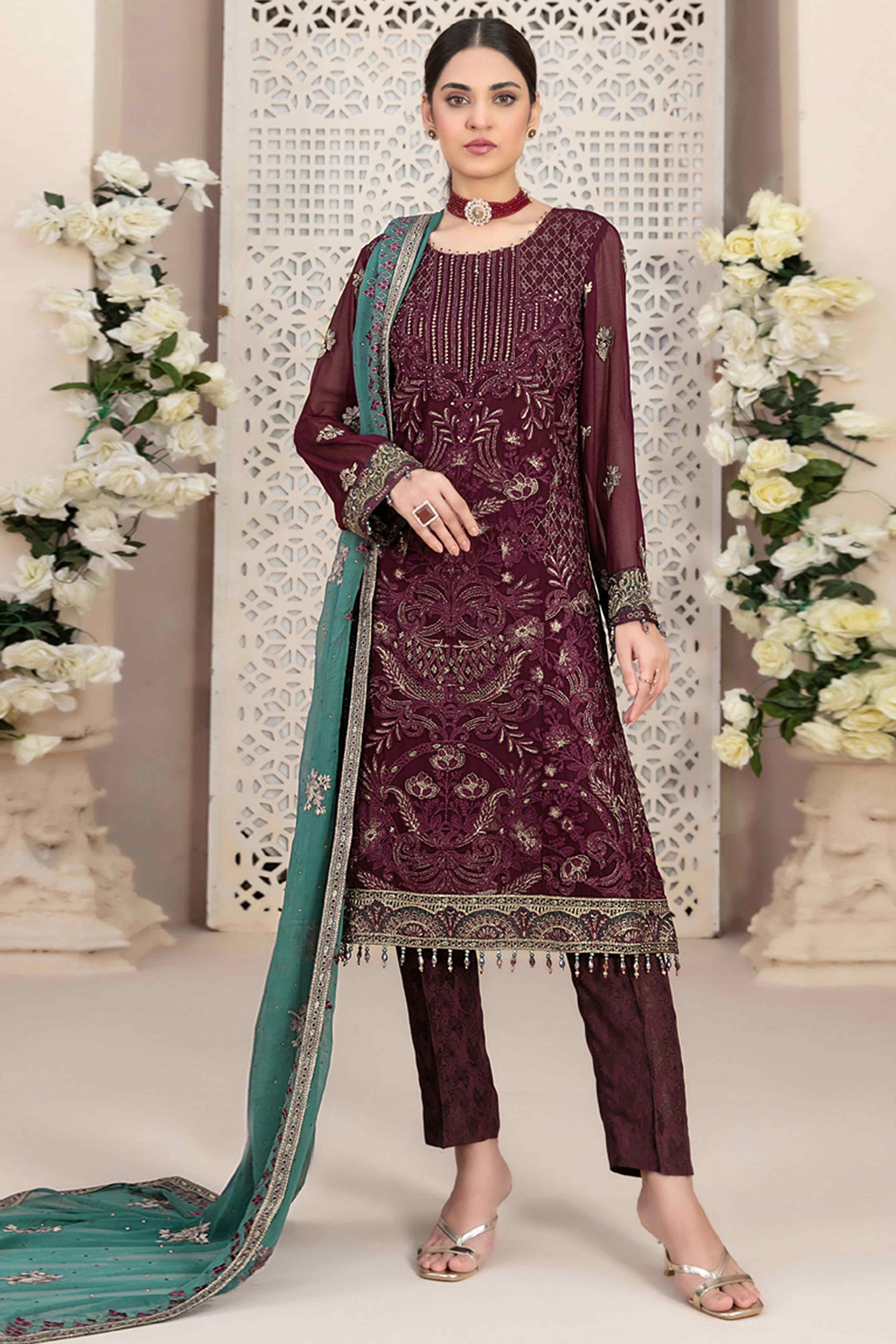 Wine Floral Embroidered Georgette Dress Material