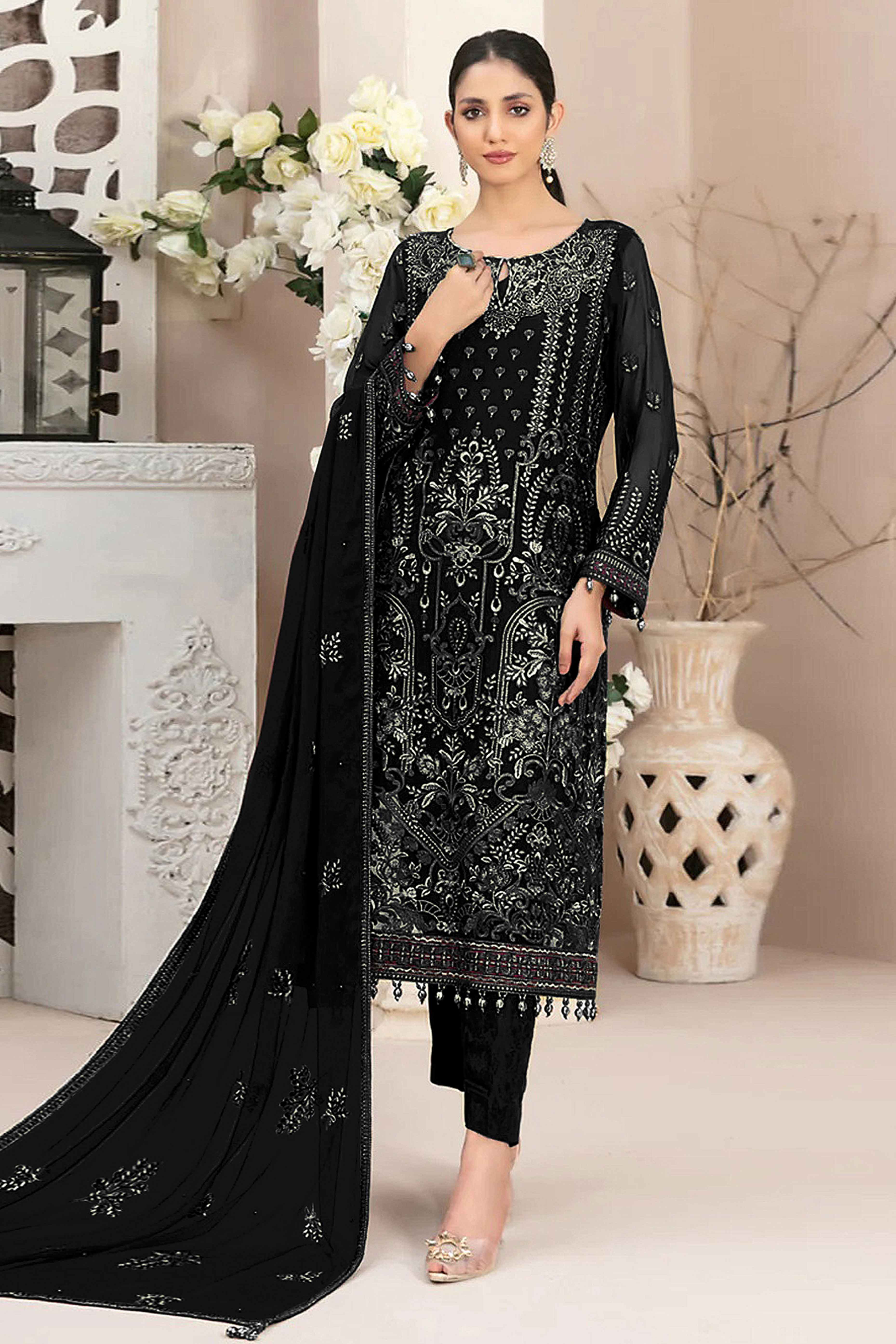 Black Floral Embroidered Georgette Dress Material