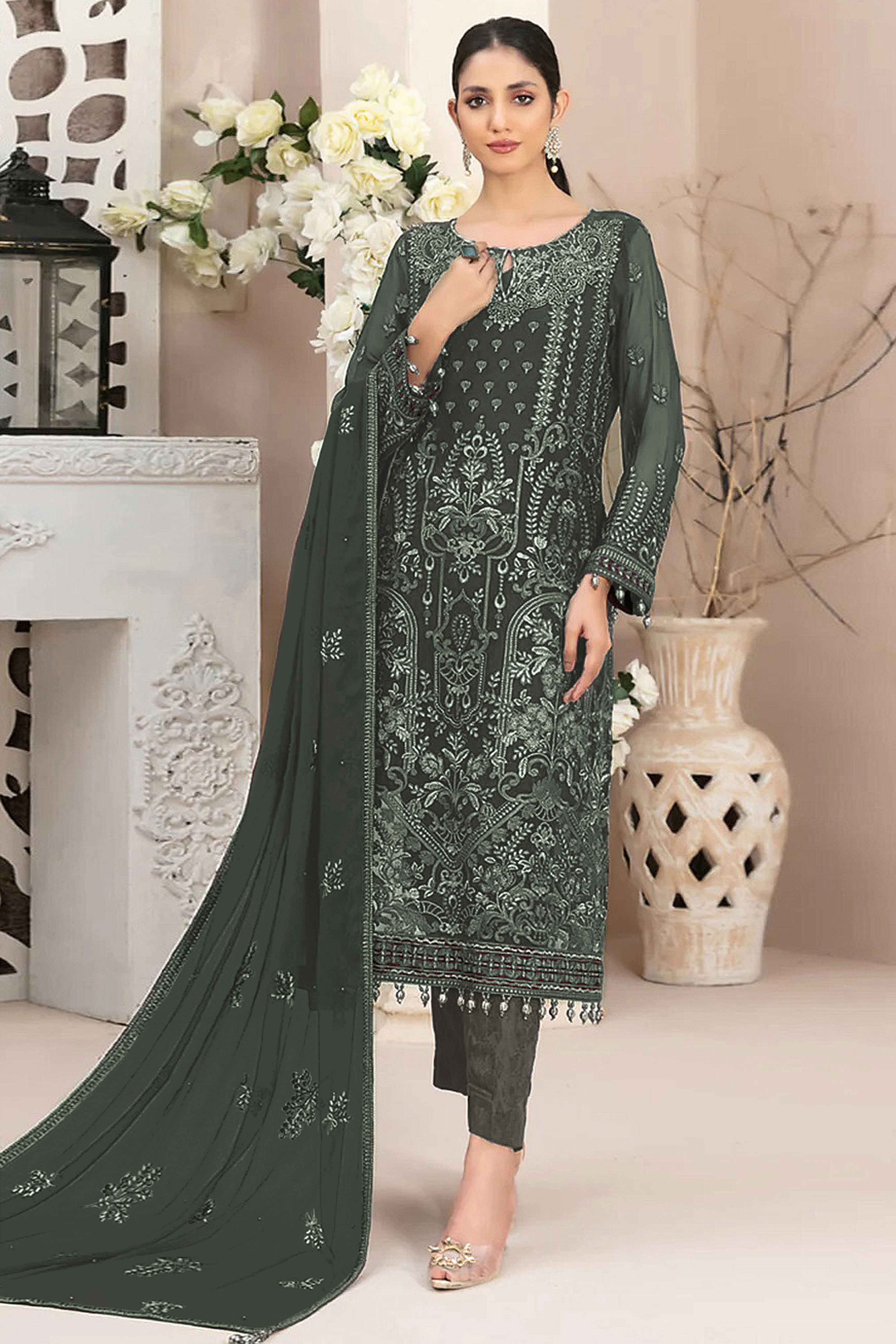 Grey Floral Embroidered Georgette Dress Material