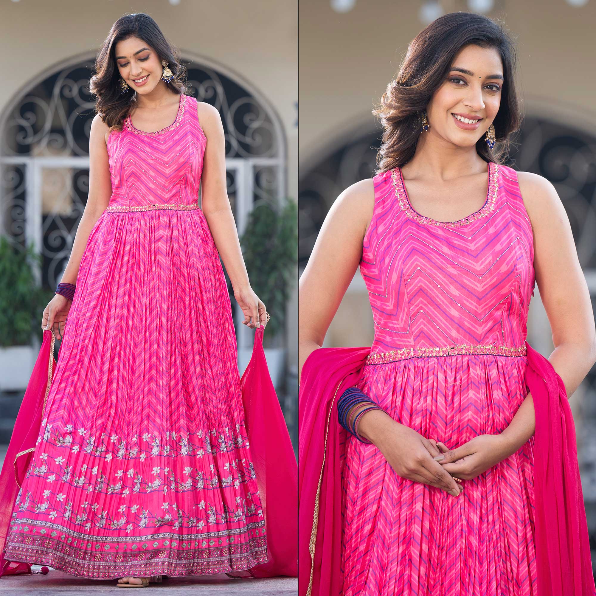 Pink Printed Dola Silk Anarkali Style Gown With Mirror Work