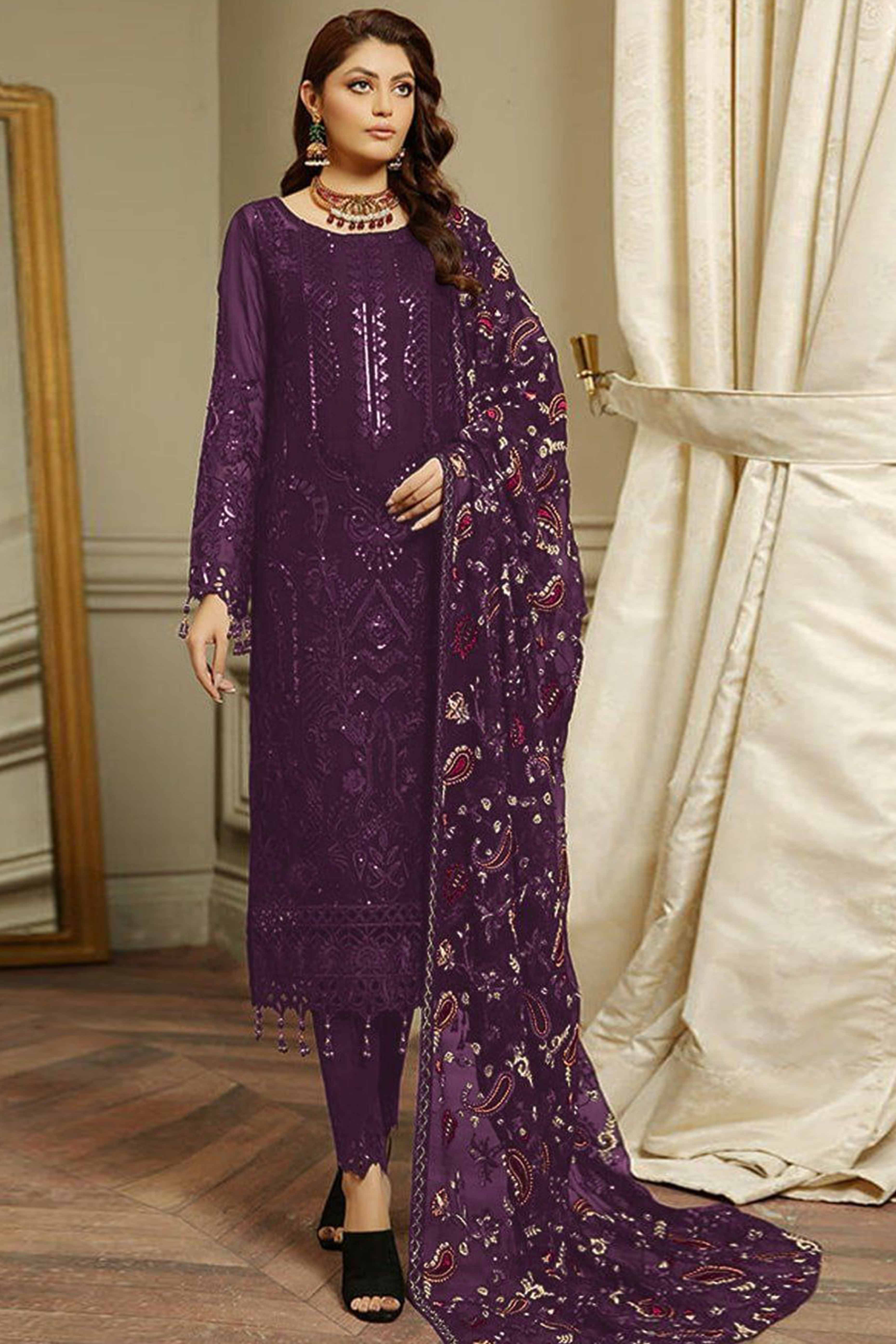 Purple Heavy Embroidered Work Georgette Dress Material