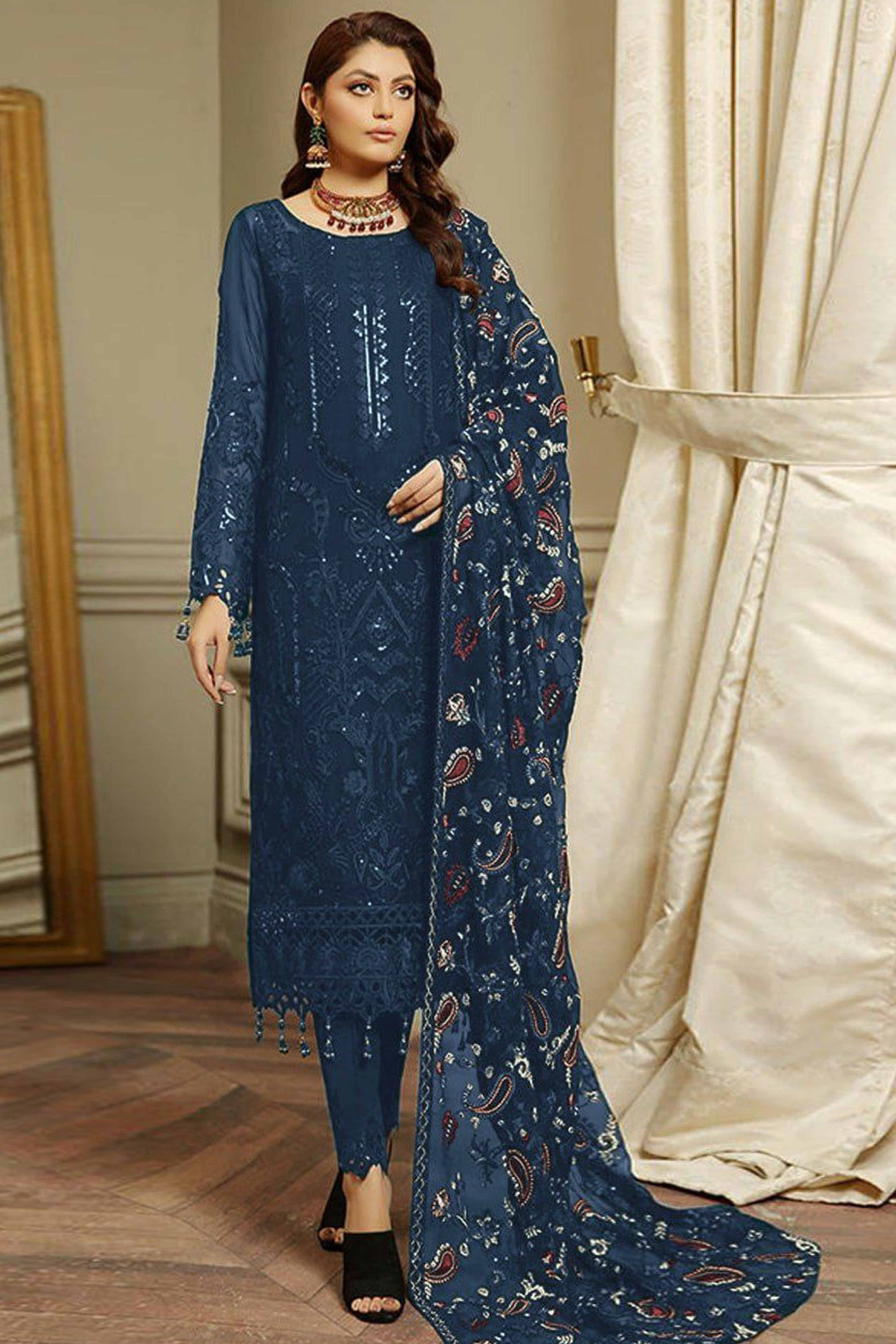 Teal Heavy Embroidered Work Georgette Dress Material