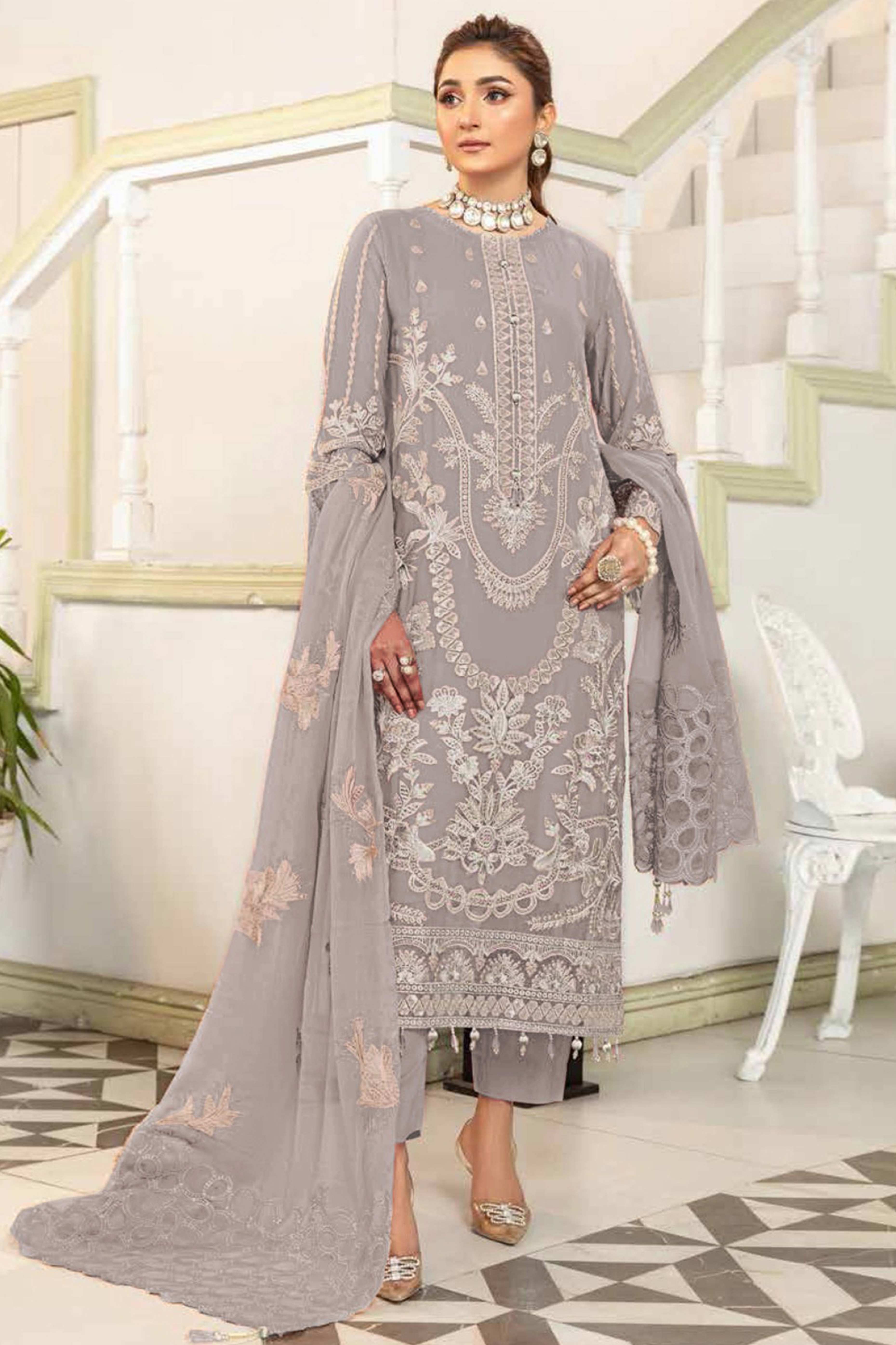Light Grey Floral Design Dress Material Crafted from Lightweight Georgette Fabric