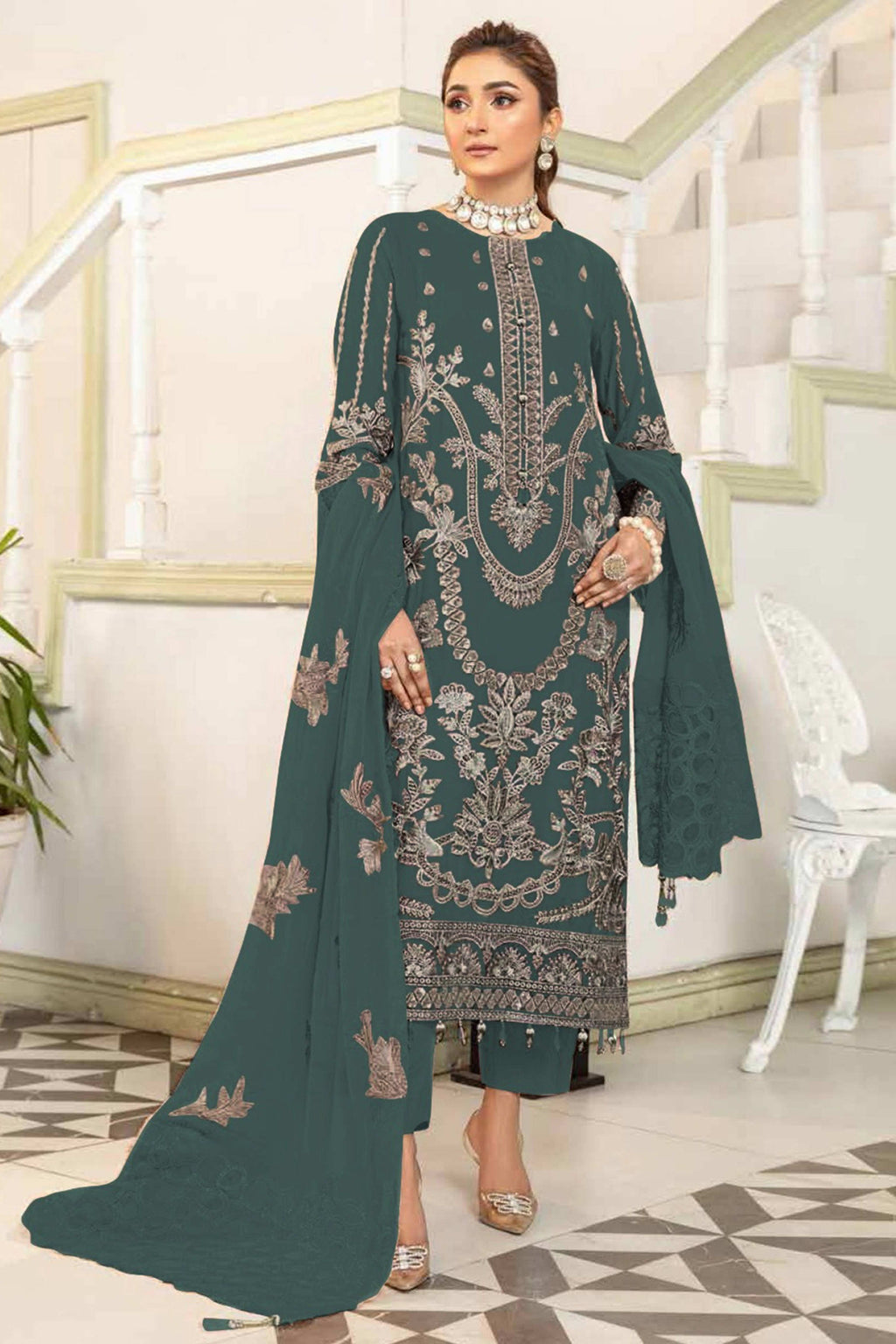 Emerald Green Floral Design Dress Material Crafted from Lightweight Ge
