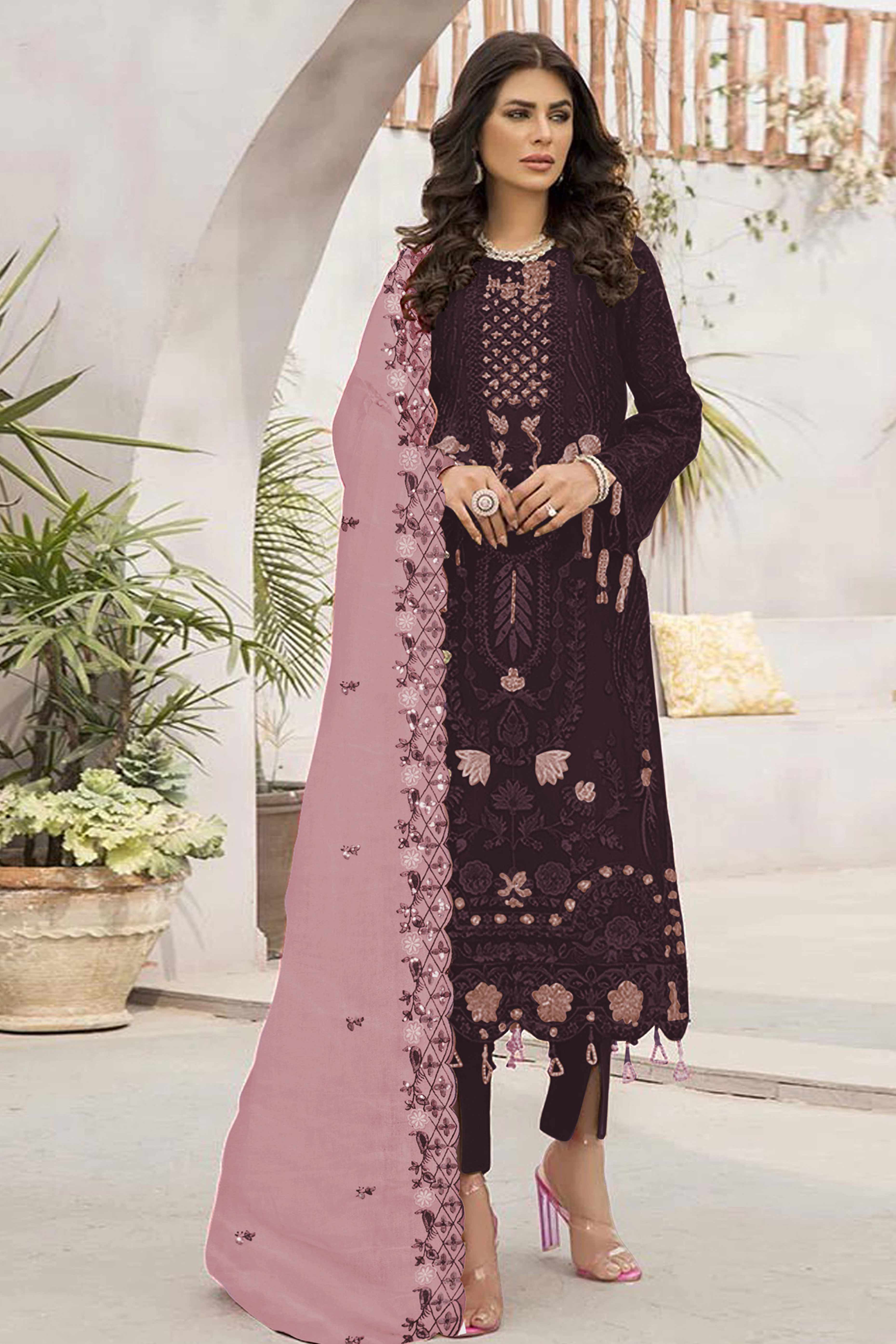 Wine Floral Design Dress Material Crafted from Lightweight Georgette Fabric