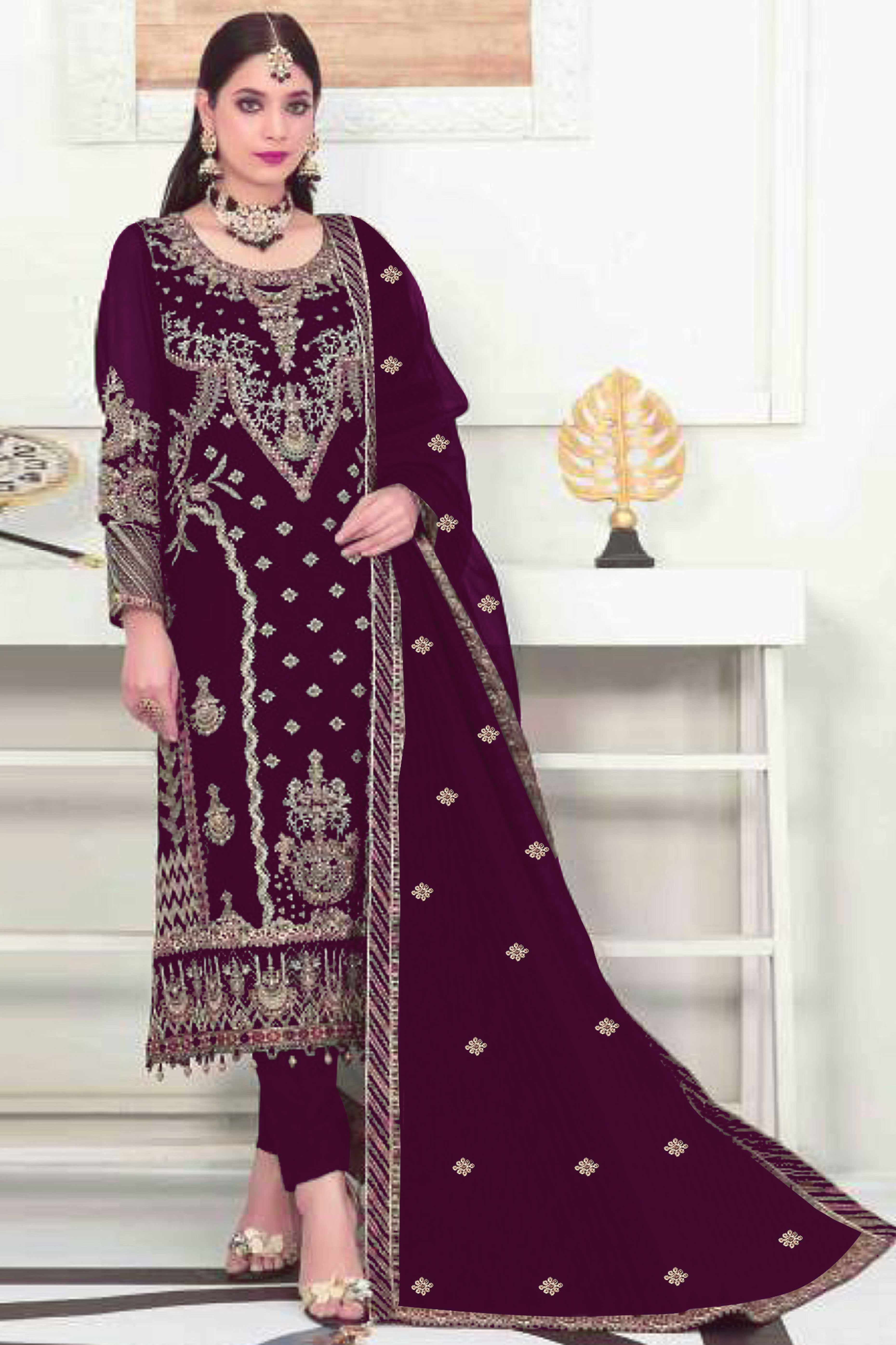 Purple Velvet Dress Material Adorned with Sequins & Thread Embroidery