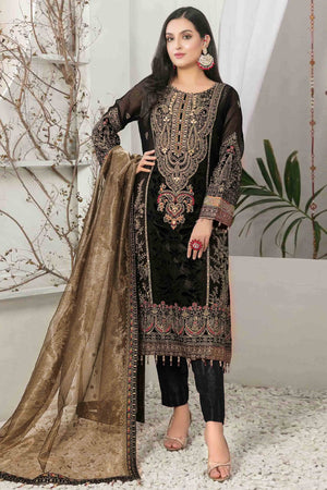 Black Velvet Dress Material Adorned with Sequins & Thread Embroidery