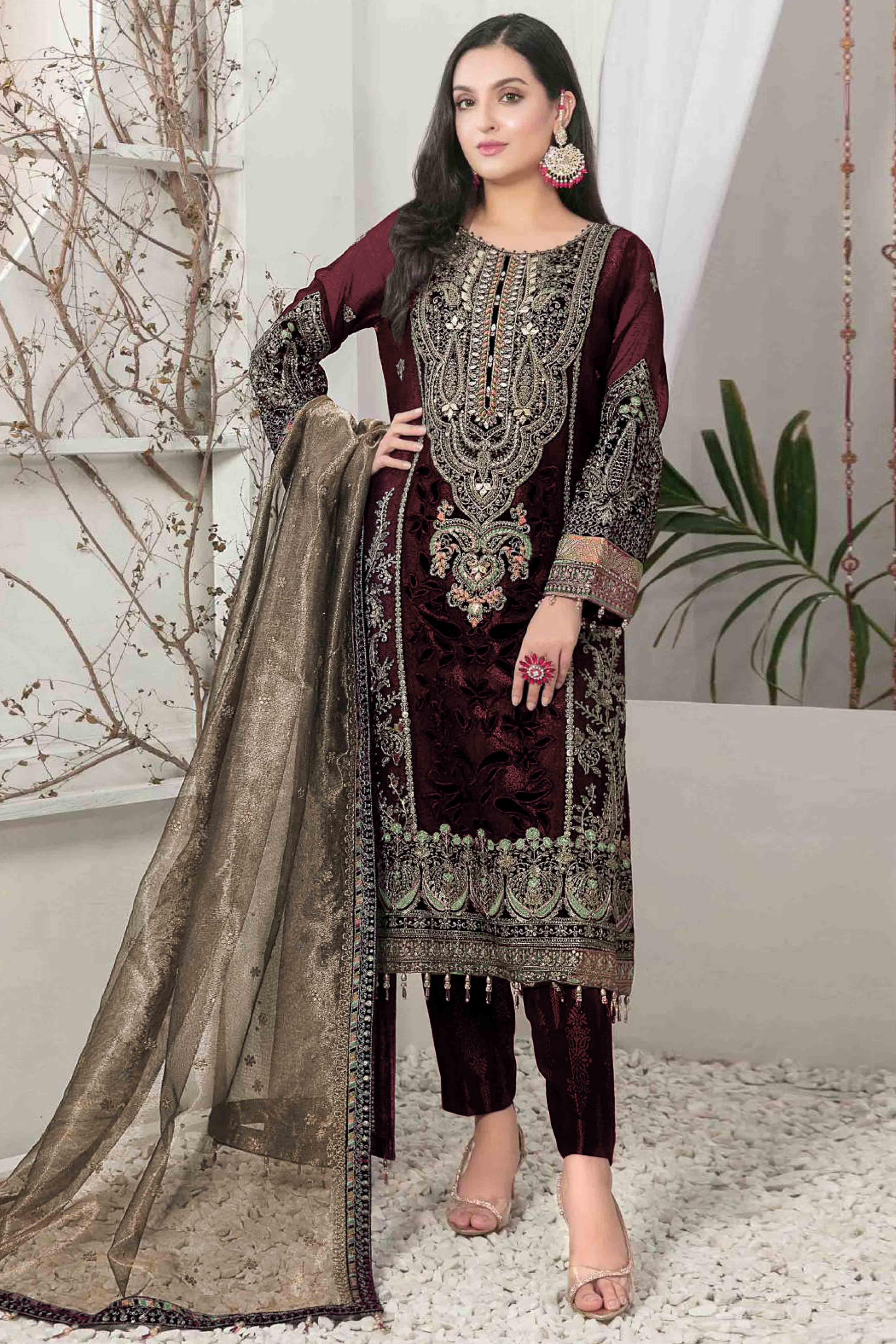 Dark Maroon Velvet Dress Material Adorned with Sequins & Thread Embroidery