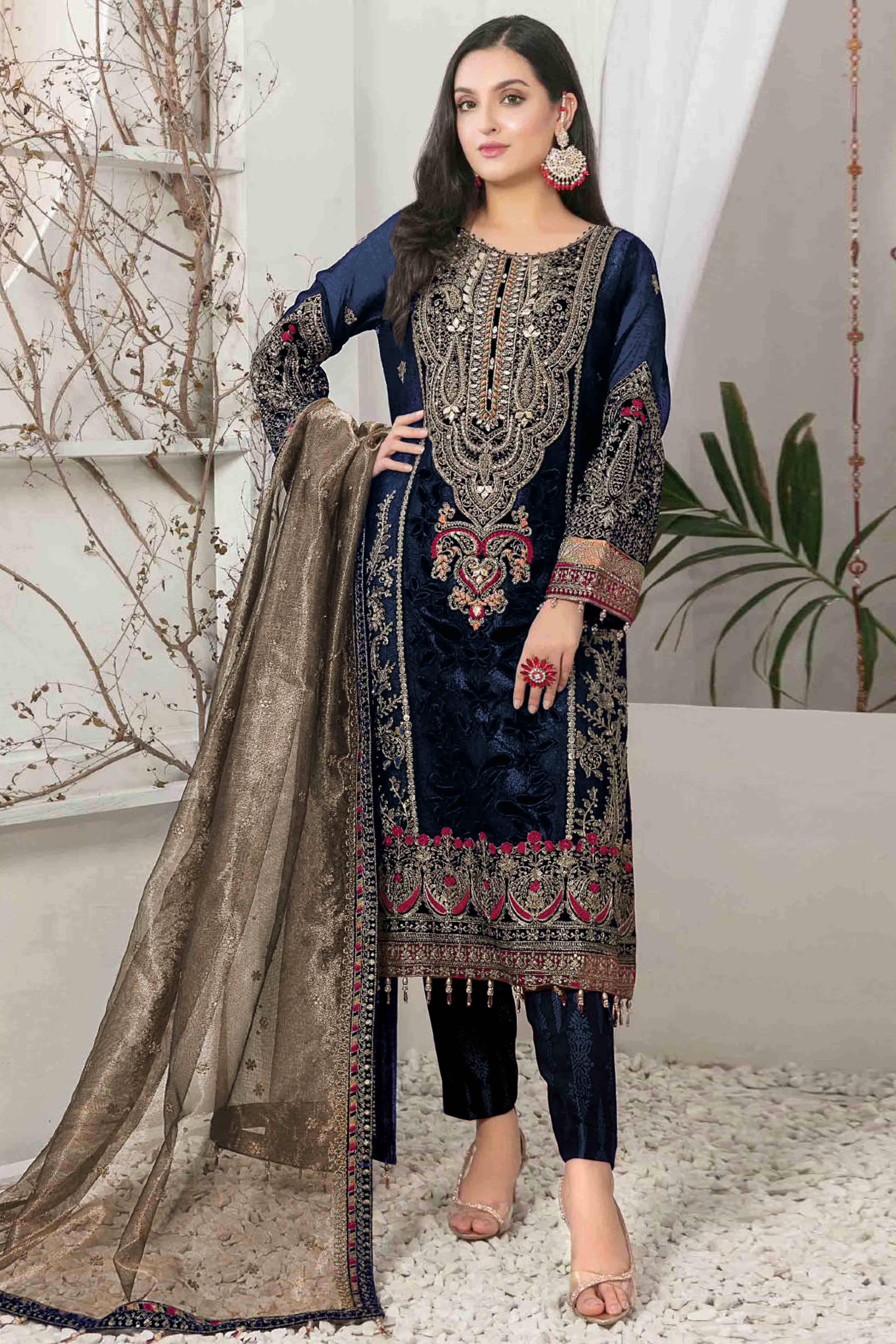 Blue Velvet Dress Material Adorned with Sequins & Thread Embroidery