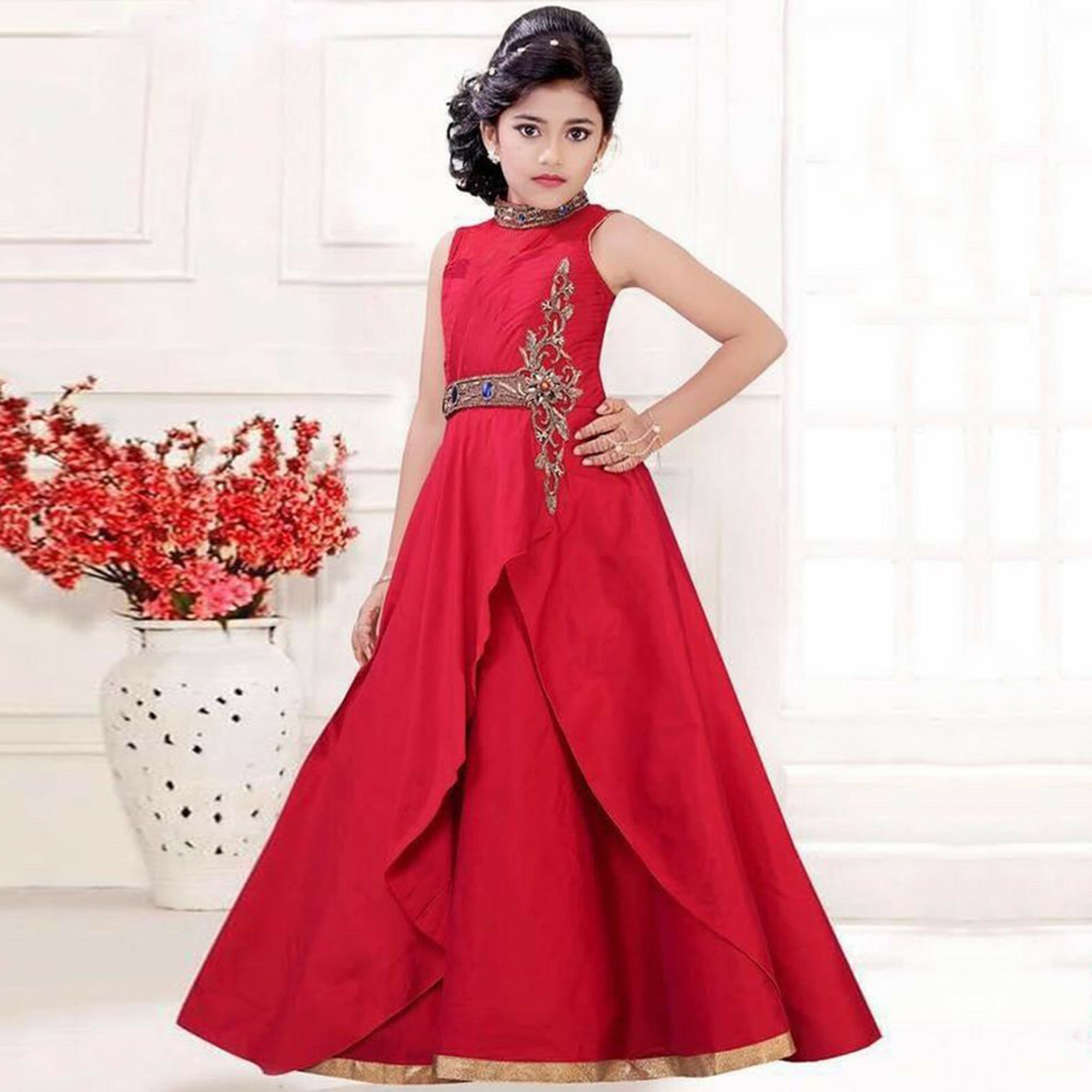 Rose Red Handwork Banarasi Silk Gown