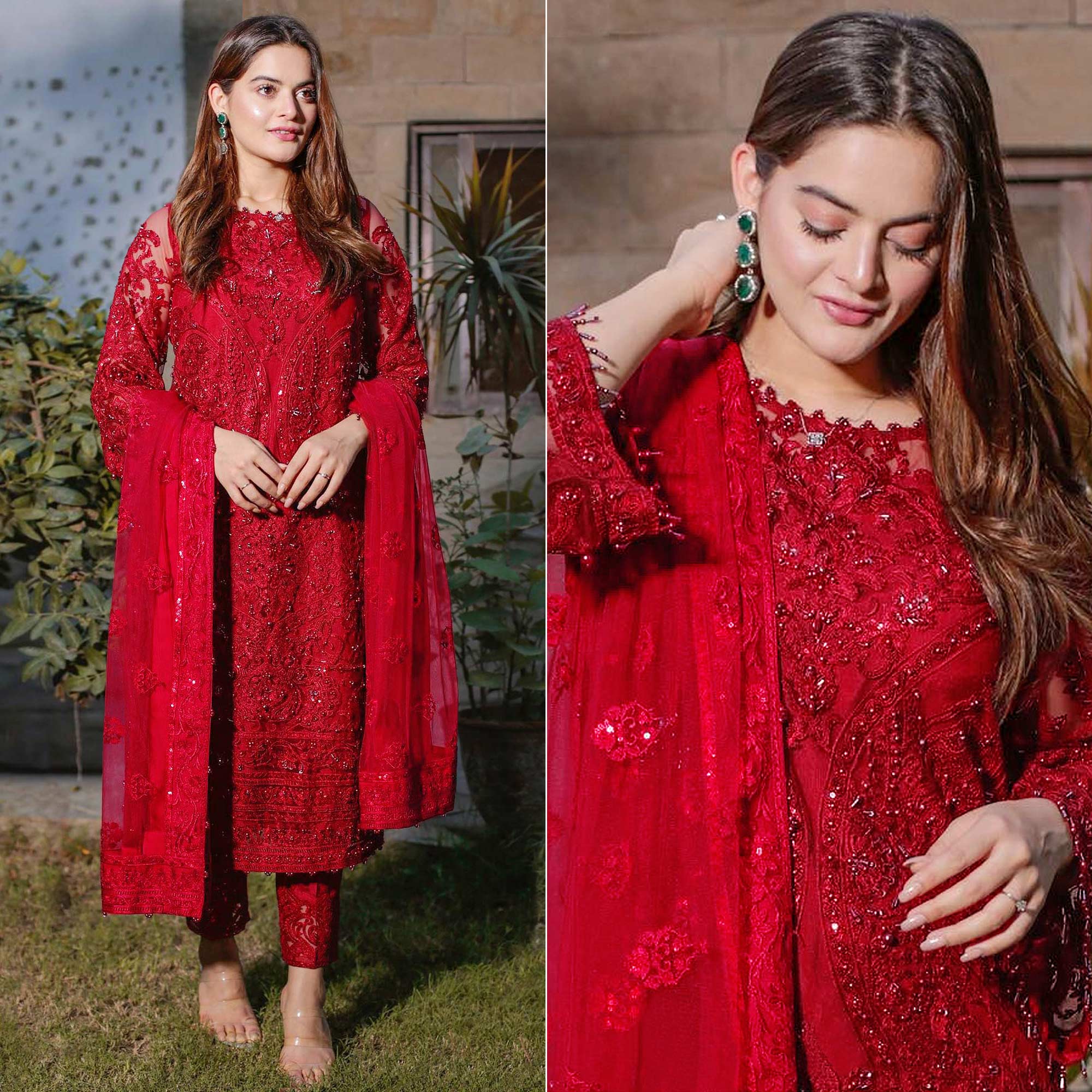 Maroon Embroidered Georgette Semi Stitched Pakistani Suit