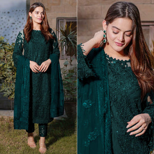Dark Green Embroidered Georgette Semi Stitched Pakistani Dress Material