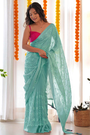 Designer Sea Green Georgette Saree with Elaborate Heavy Thread Work