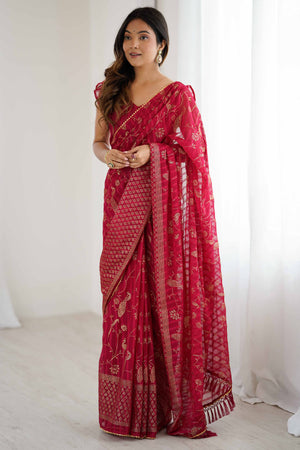 Pink Georgette Saree with Shimmering Foil Print & Gota Patti Border