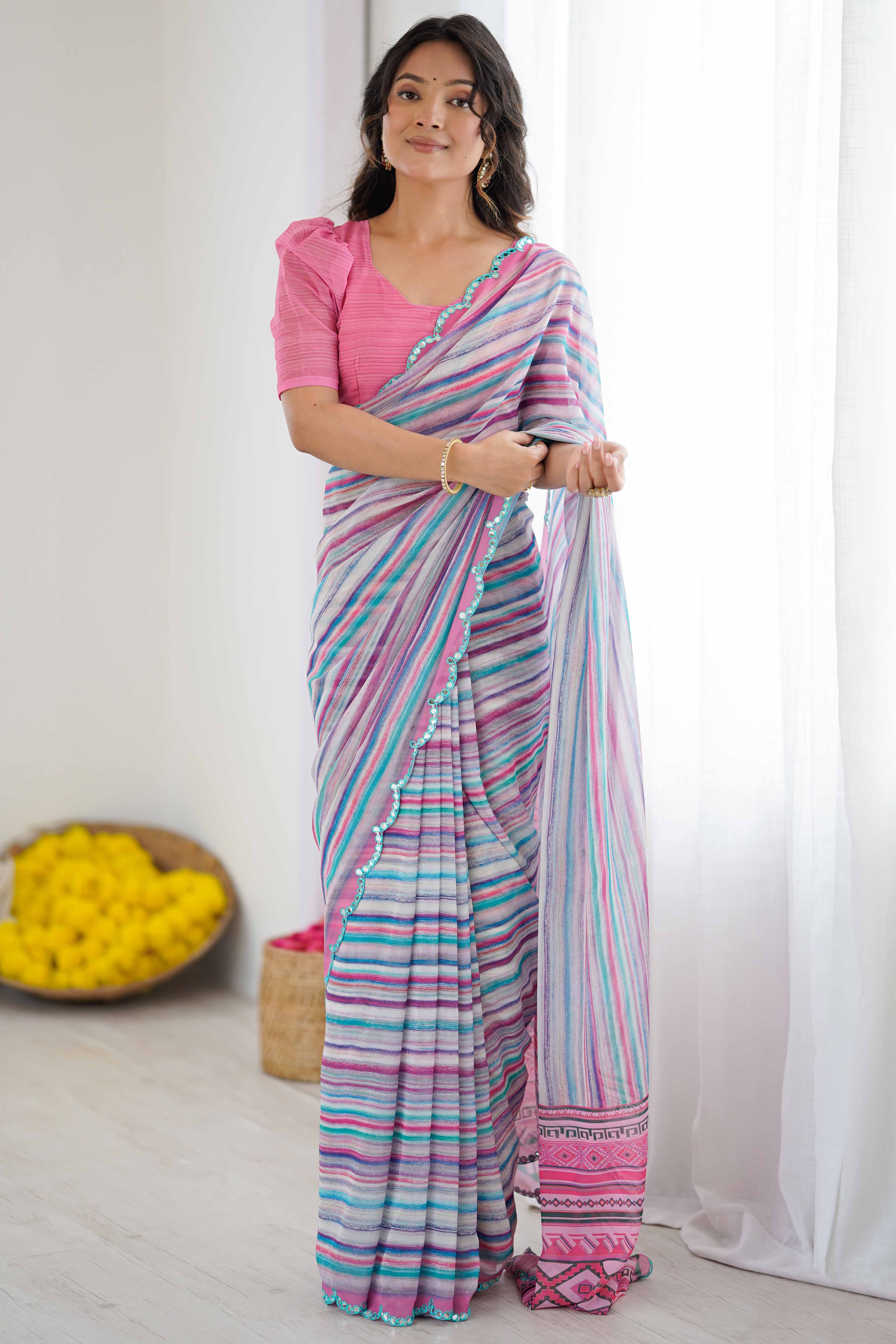 Multicolor Georgette Saree Featuring Digital Print & Mirror Embroidery Border