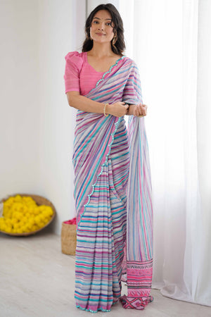 Multicolor Georgette Saree Featuring Digital Print & Mirror Embroidery Border