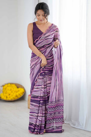 Purple Georgette Saree Featuring Digital Print & Mirror Embroidery Border