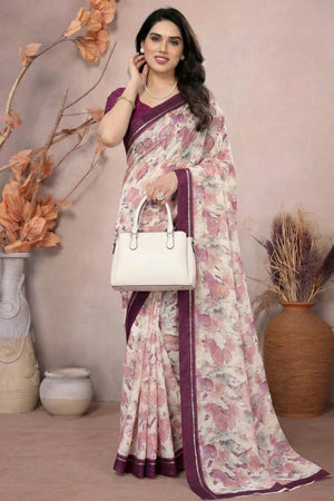 Timeless Purple Leaf Printed Moss Saree With A Sophisticated Satin Patta Border