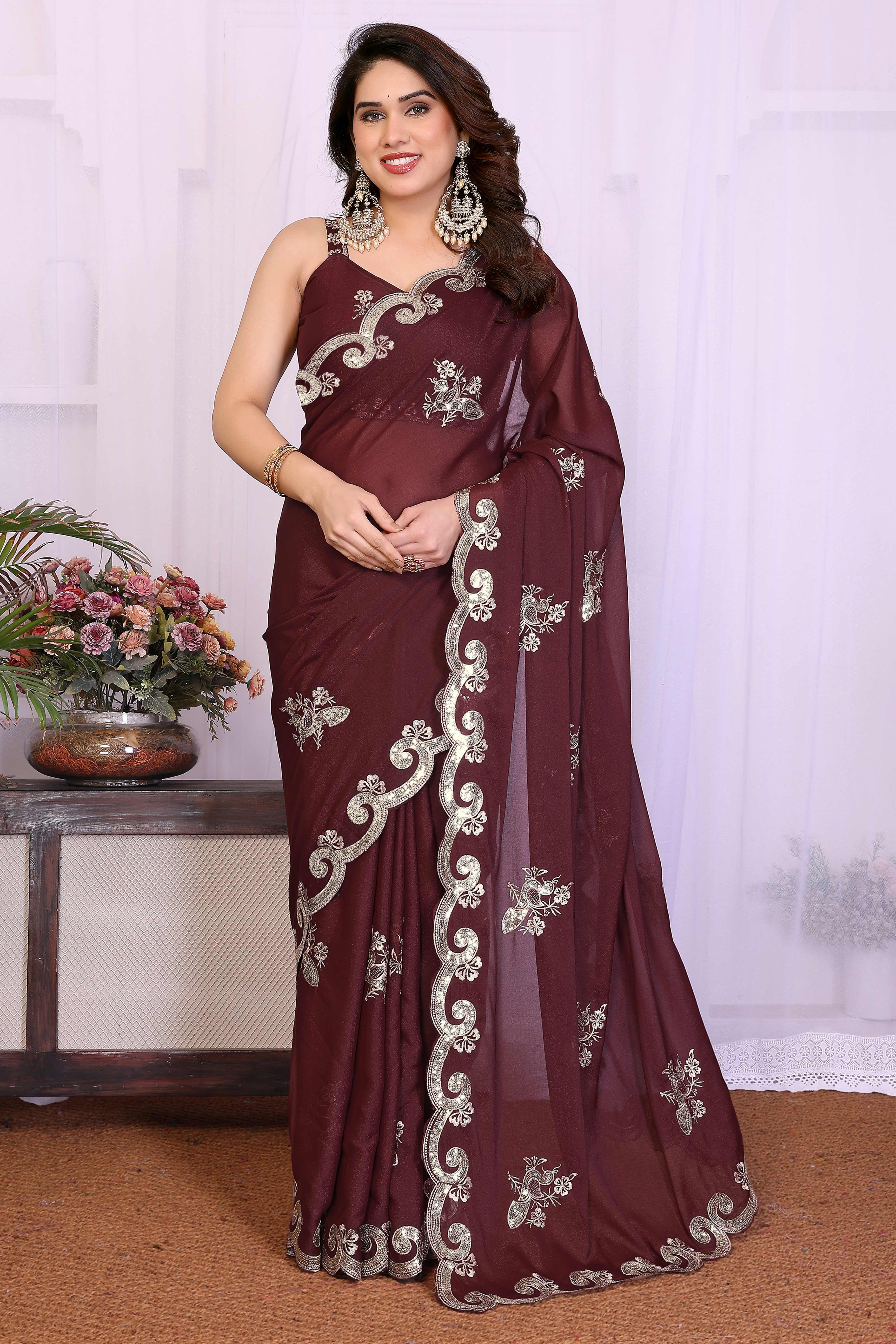 Charming Burgundy Floral & Peacock Motif Georgette Saree Enhanced With Sequins Embroidery