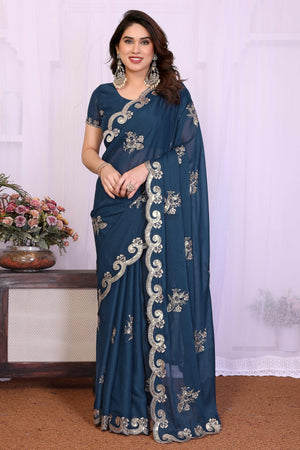 Charming Morpich Blue Floral & Peacock Motif Georgette Saree Enhanced With Sequins Embroidery