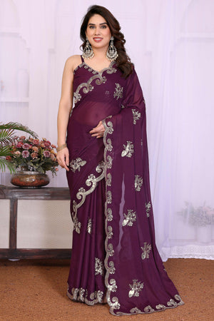 Charming Wine Floral & Peacock Motif Georgette Saree Enhanced With Sequins Embroidery