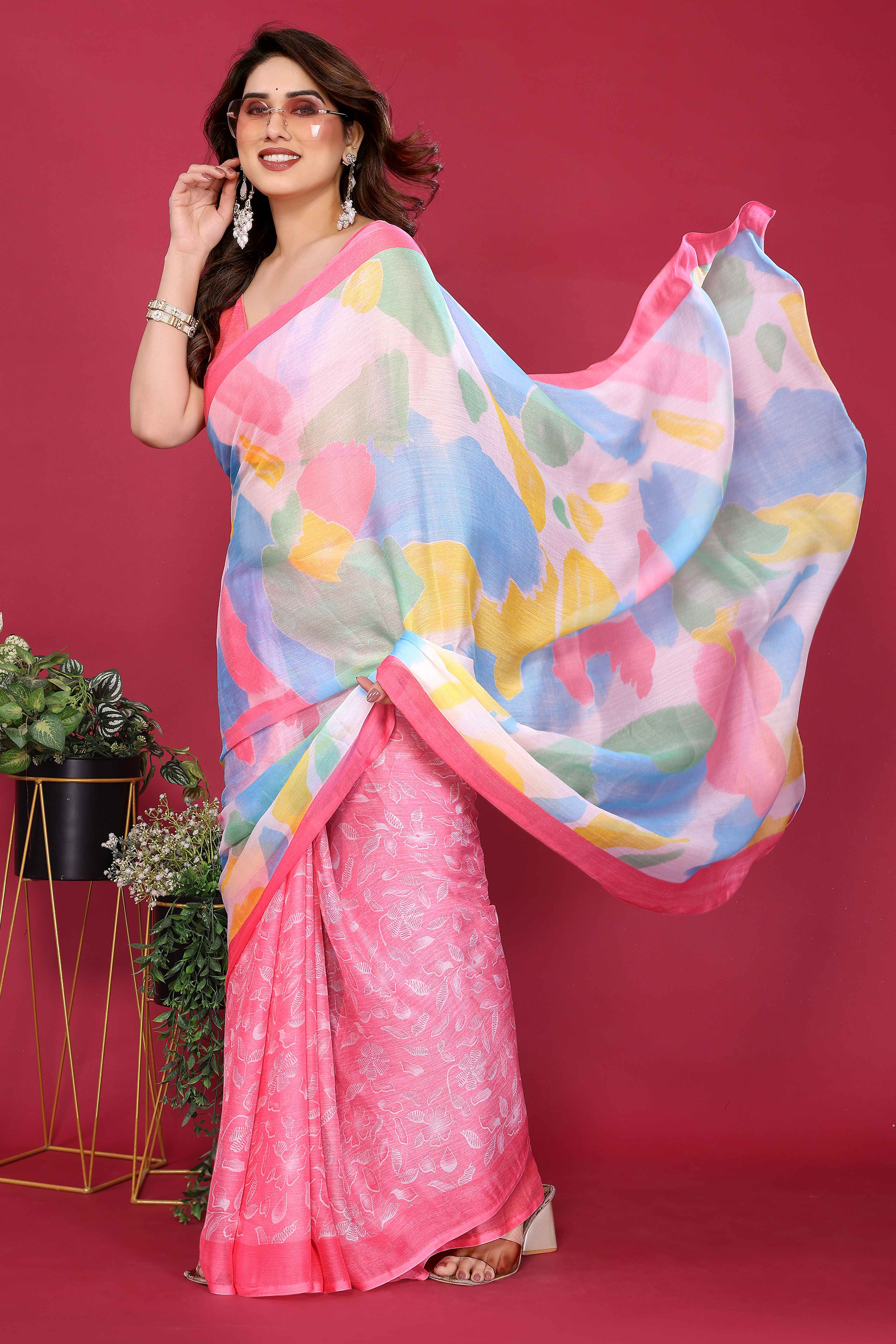 Elegant Gajri Pink Abstract Print Saree in Lightweight Chiffon