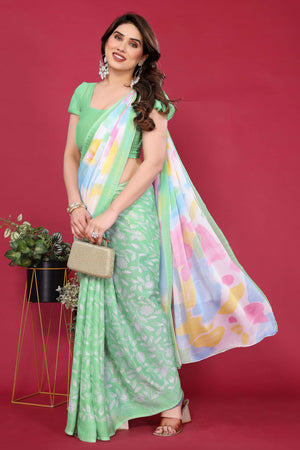 Elegant Green Abstract Print Saree in Lightweight Chiffon