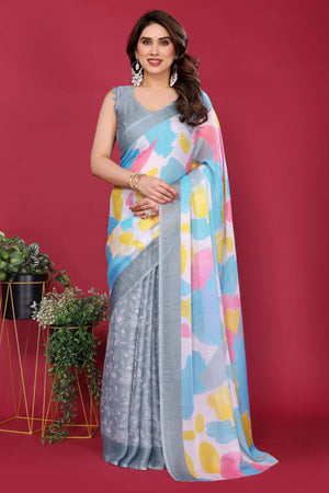 Elegant Grey Abstract Print Saree in Lightweight Chiffon