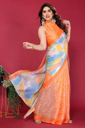 Elegant Orange Abstract Print Saree in Lightweight Chiffon