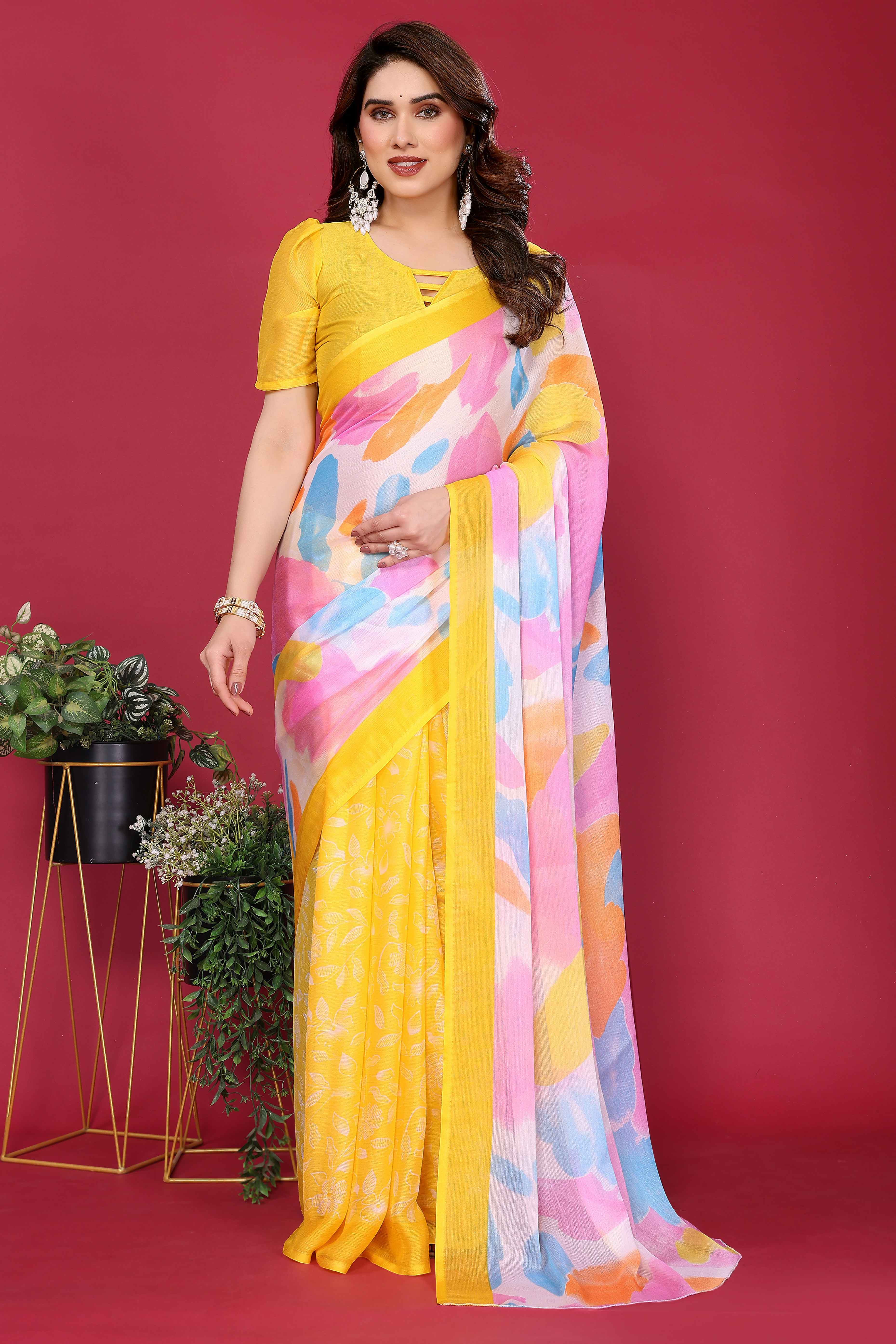 Elegant Yellow Abstract Print Saree in Lightweight Chiffon
