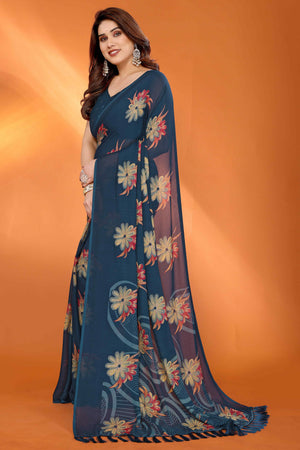 Teal Printed Saree with Zari Woven Charm in Satin Fabric