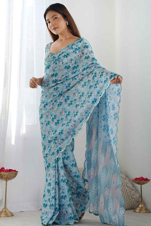 Light Blue Geometric Digital Print Georgette Saree Enhanced With A Sparkling Lace Border