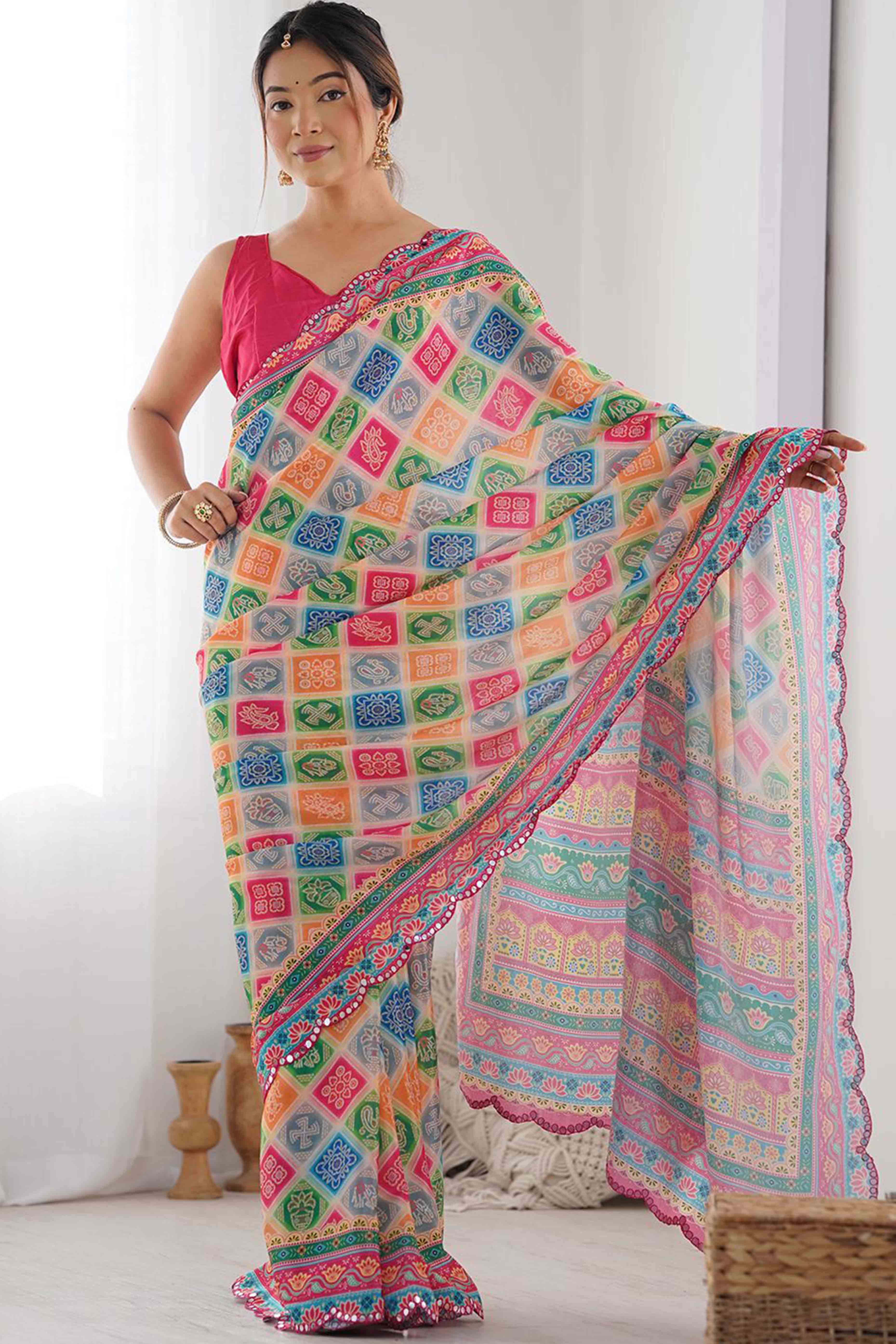 Multicolor Digital Print Georgette Saree Enhanced With A Sparkling Lace Border