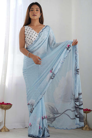 Pastel Sky Blue Floral Digital Print Georgette Saree Enhanced With A Sparkling Lace Border