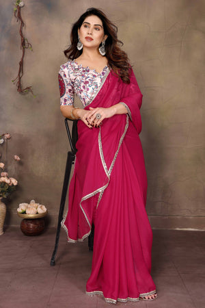 Pink Solid Sparkling Georgette Saree Enhanced With Shimmering Mirror Border