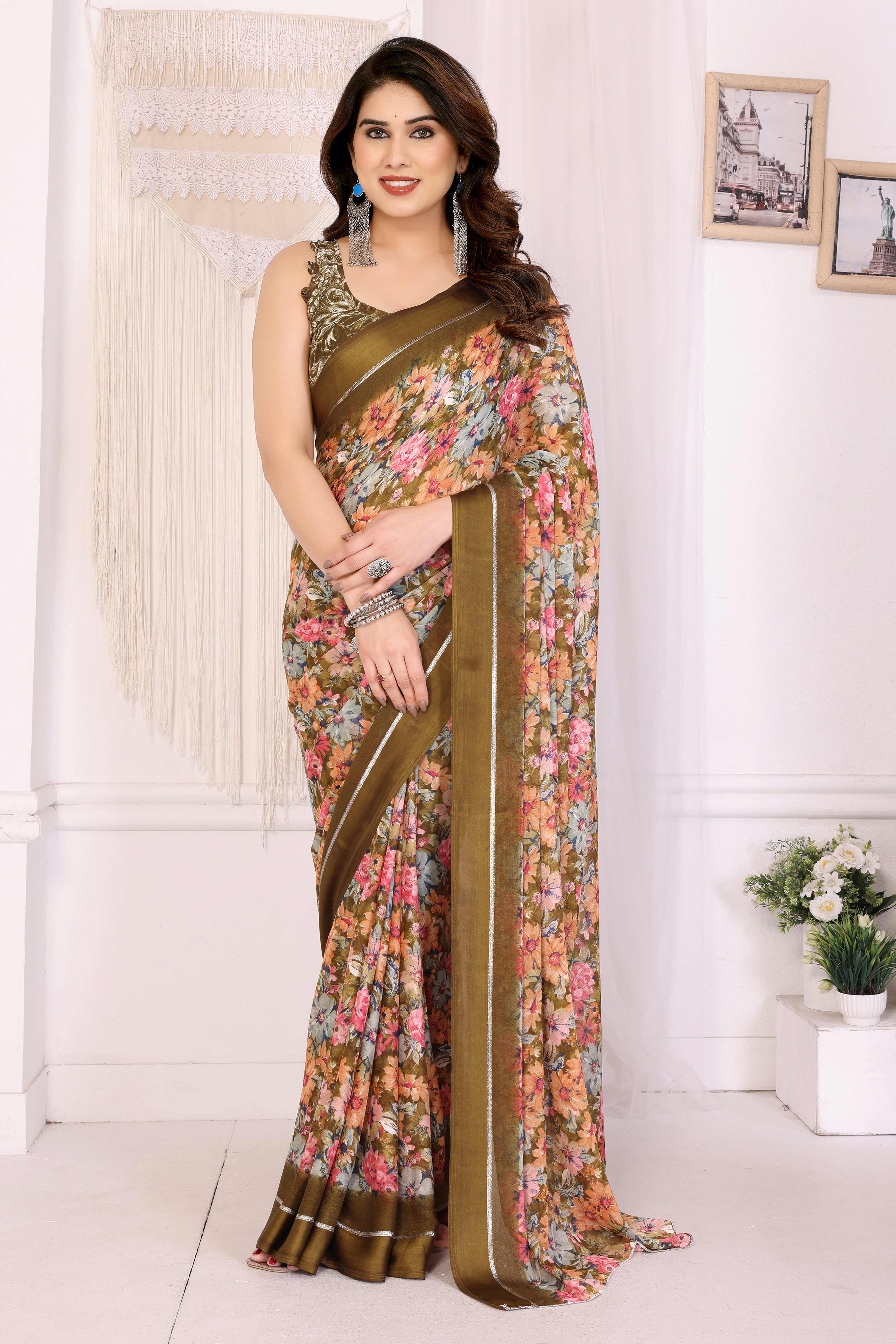 Dark Olive Moss Satin Saree With Blooming Floral Print Design