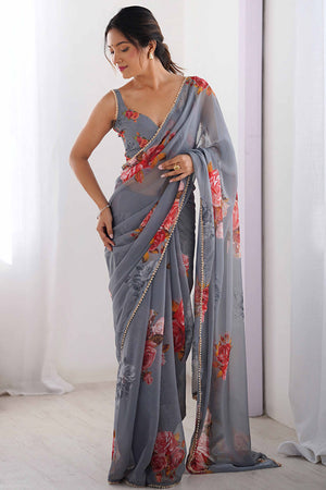 Partywear Grey Georgette Saree with Floral Prints and Bead Work Lace