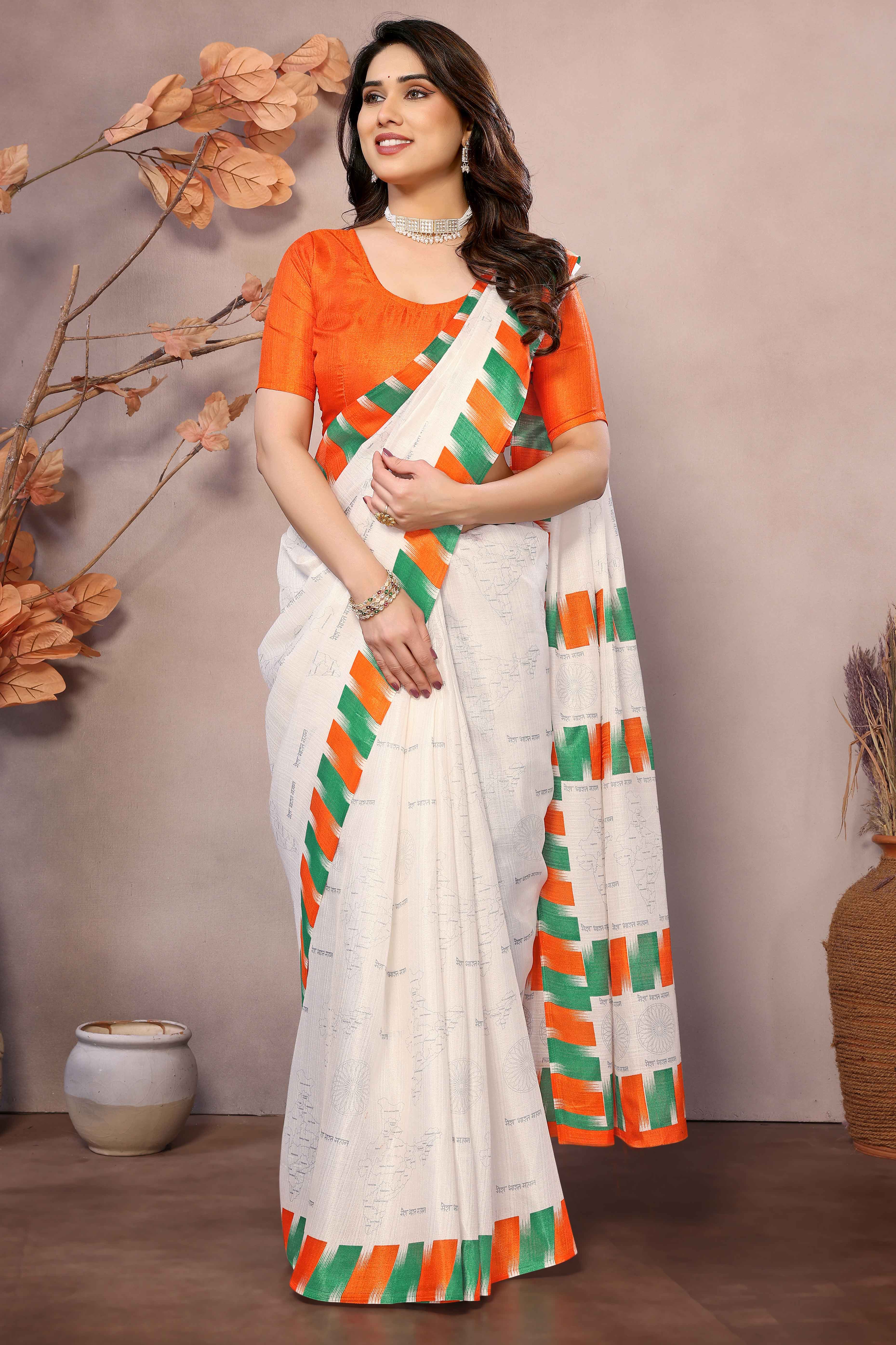 White Tiranga Printed khaadi Saree