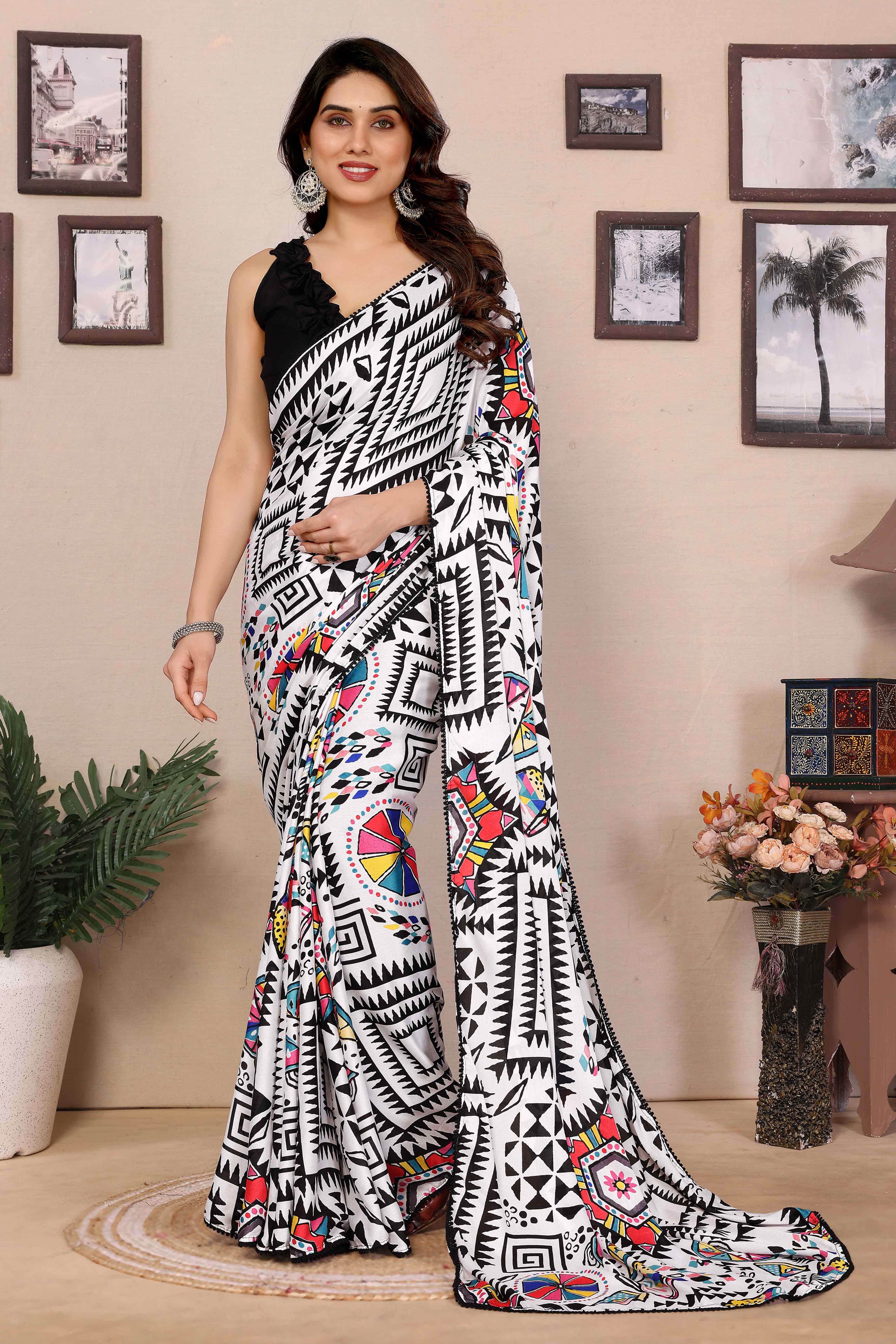 White & Black Geometric Printed Moss Satin Saree