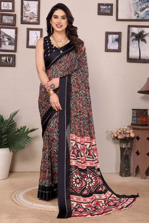 Black Floral Print & Zari Work Moss Satin Saree With Satin Patta