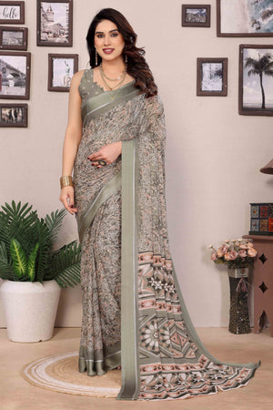 Grey Floral Print & Zari Work Moss Satin Saree With Satin Patta